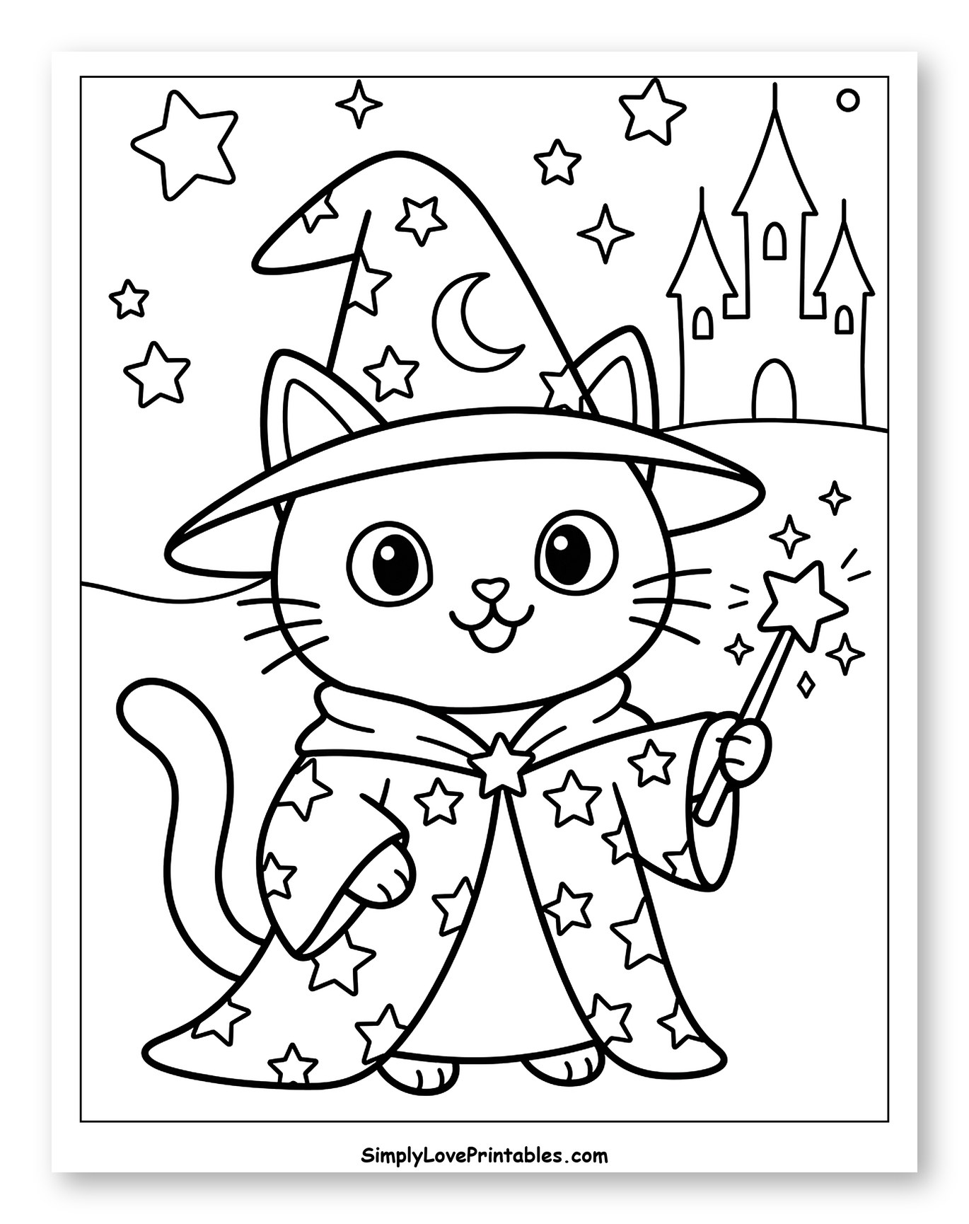 Cute Wizard Cat with Magic Wand and Castle