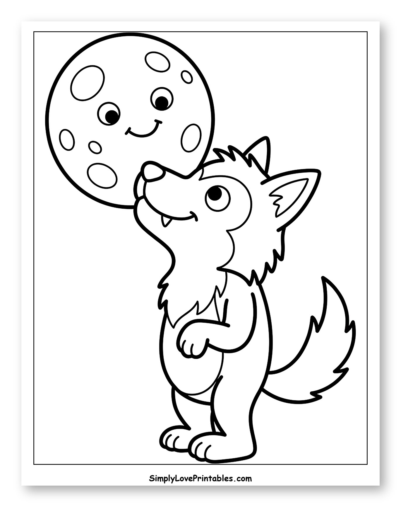Cute Wolf Looking Up at a Smiling Moon