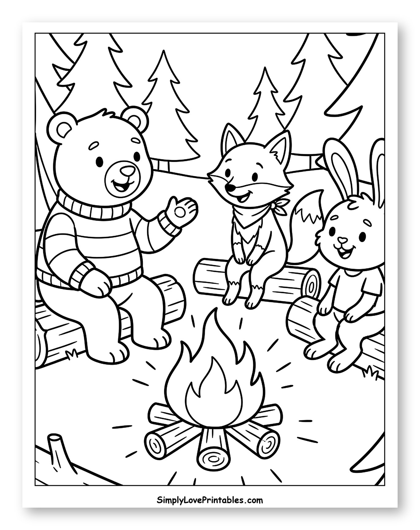 Cute Woodland Friends Campfire Scene Coloring Sheet for Kids