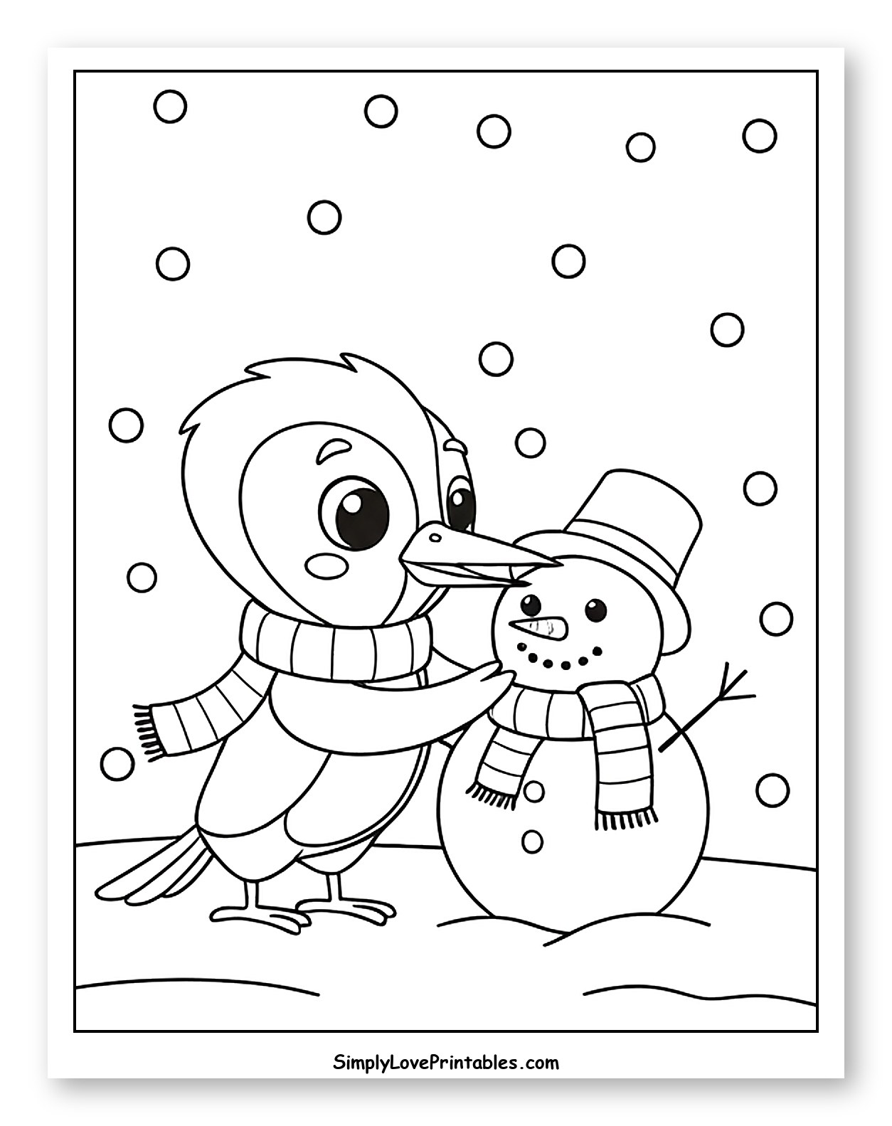 Cute Woodpecker Building a Snowman Coloring Sheet for Kids