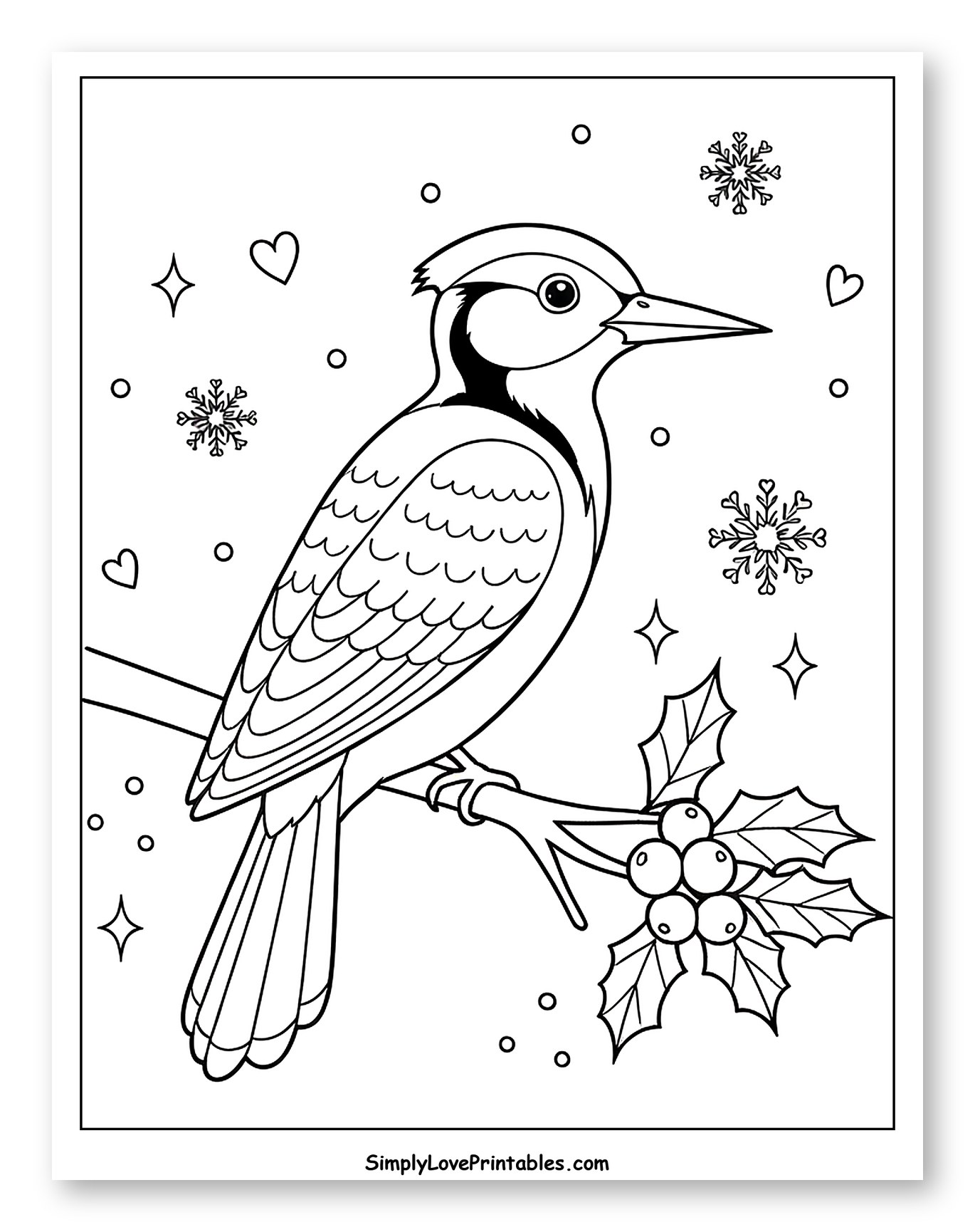 Cute Woodpecker on a Branch with Holly