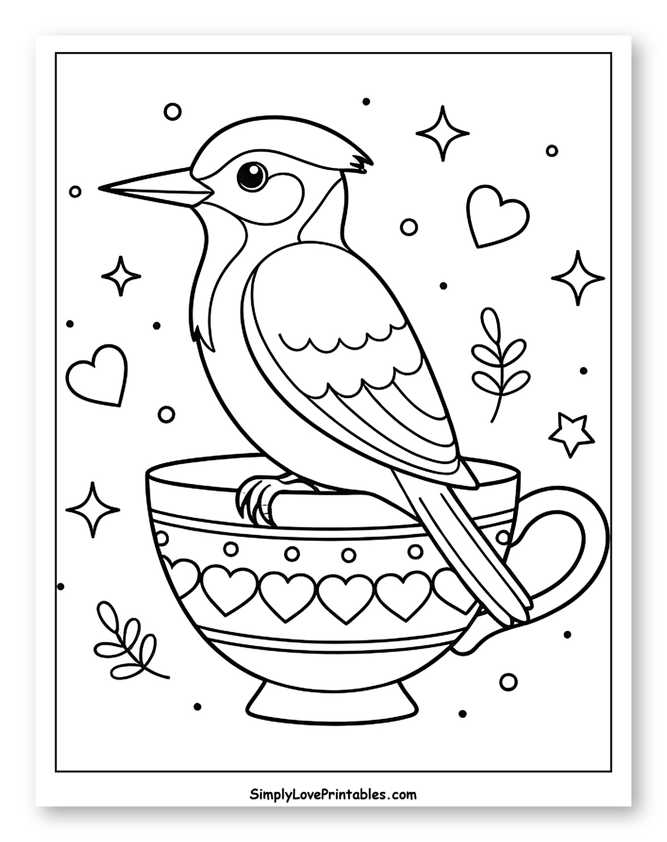 Cute Woodpecker Perched in a Heart-Decorated Teacup