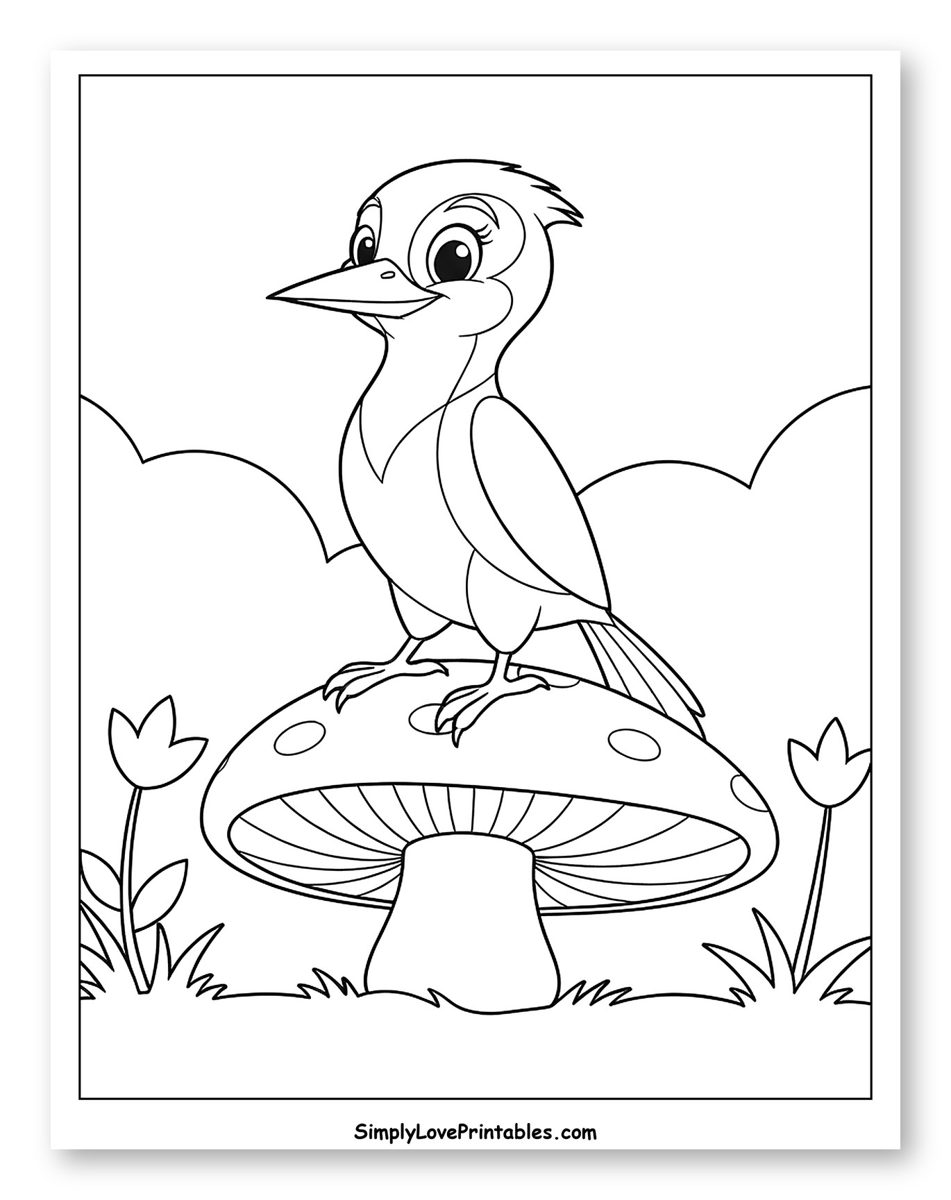 Cute Woodpecker Perched on a Mushroom