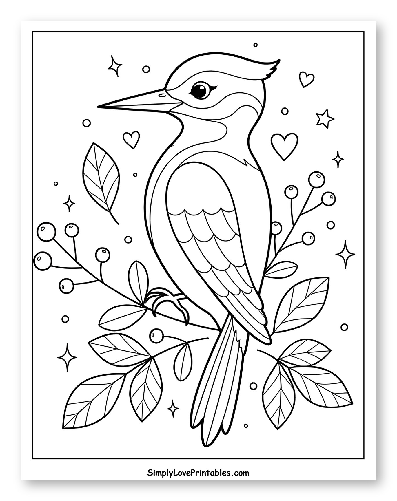 Cute Woodpecker Perched on Berry Branch Coloring Page for Adults