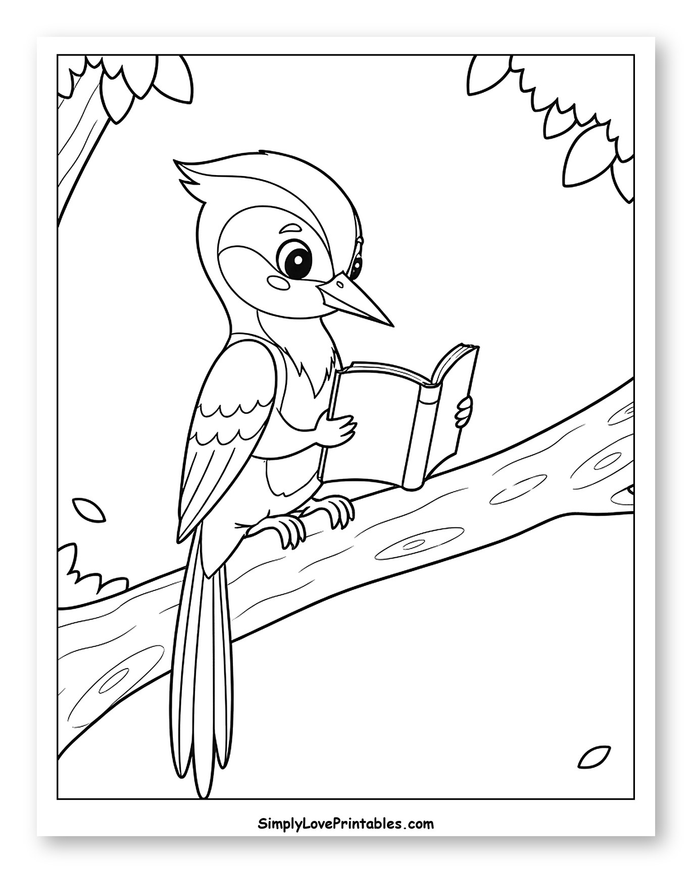 Cute Woodpecker Reading a Book on a Branch