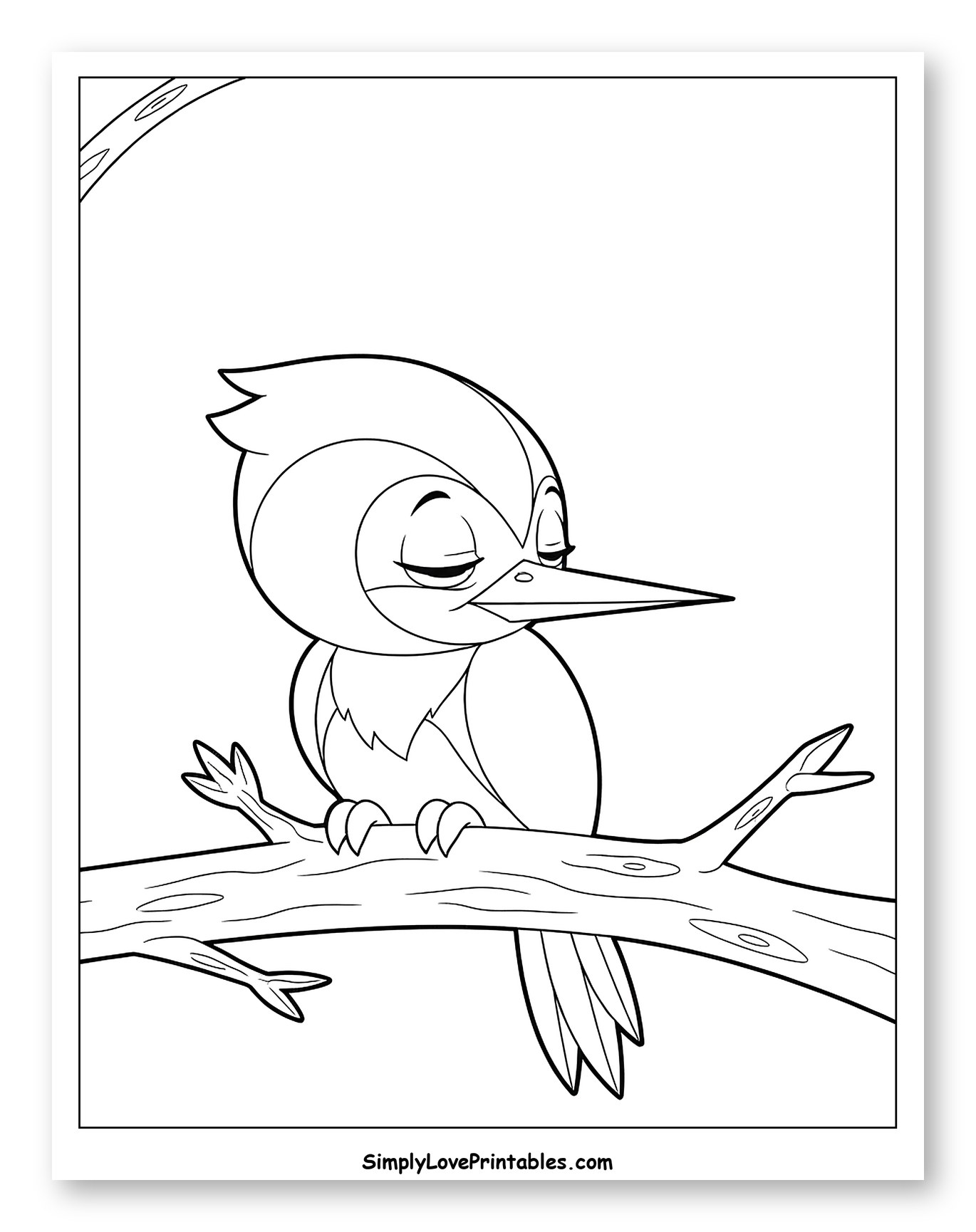 Cute Woodpecker Resting on Tree Branch to Color for Toddlers