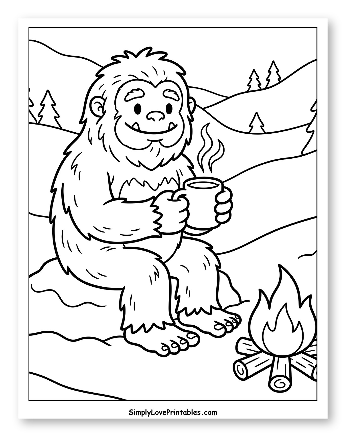 Cute Yeti Drinking Hot Cocoa by Campfire