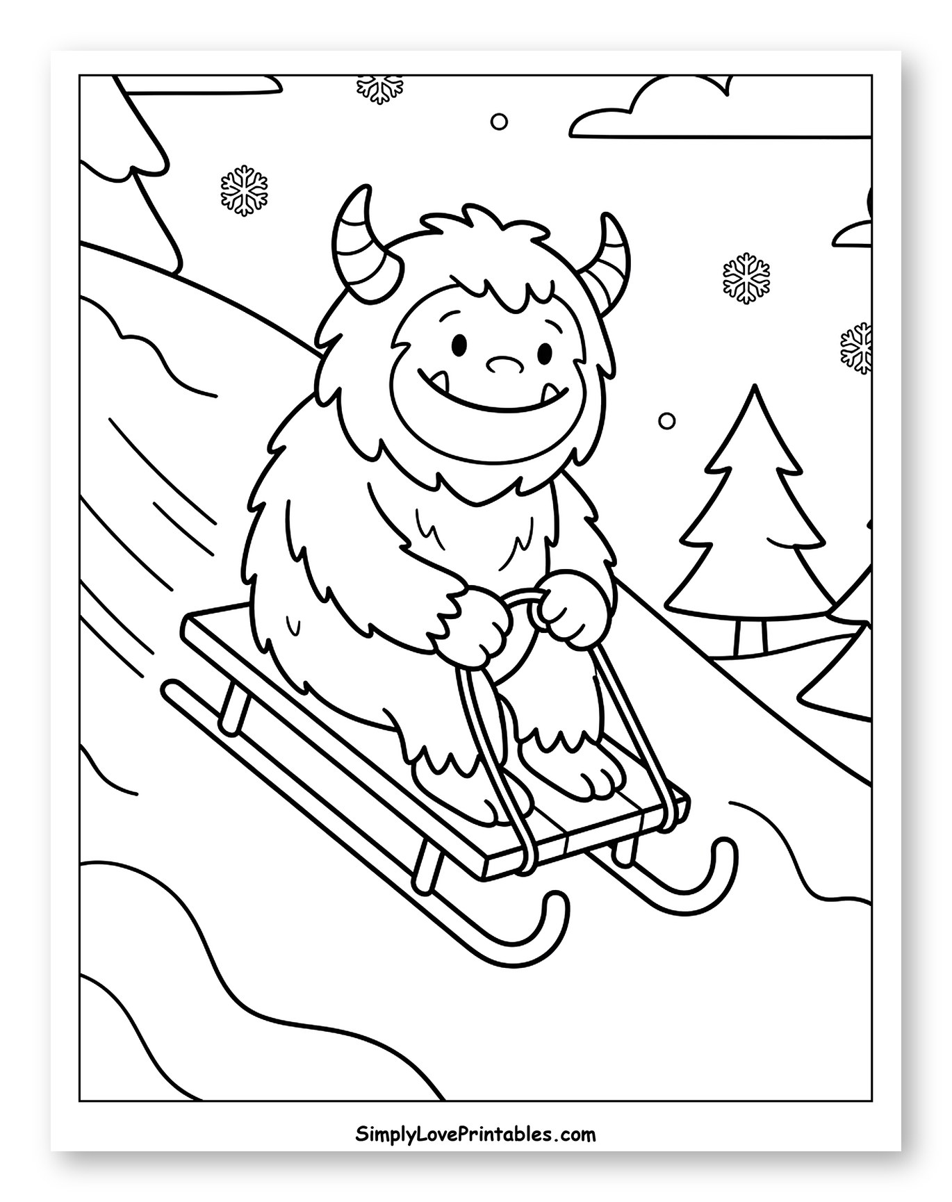 Cute Yeti Sledding Down a Snowy Hill Coloring Page for Kids