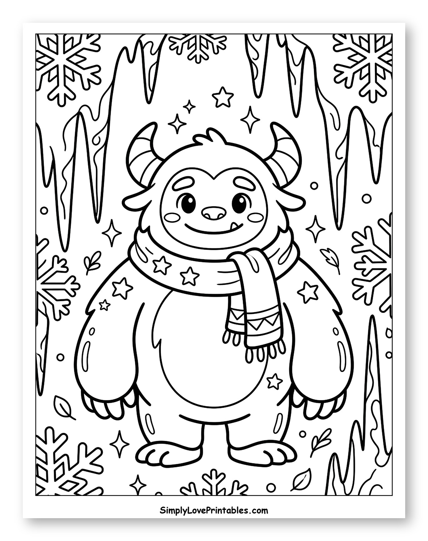 Cute Yeti Wearing a Scarf in Winter Coloring Page for Adults