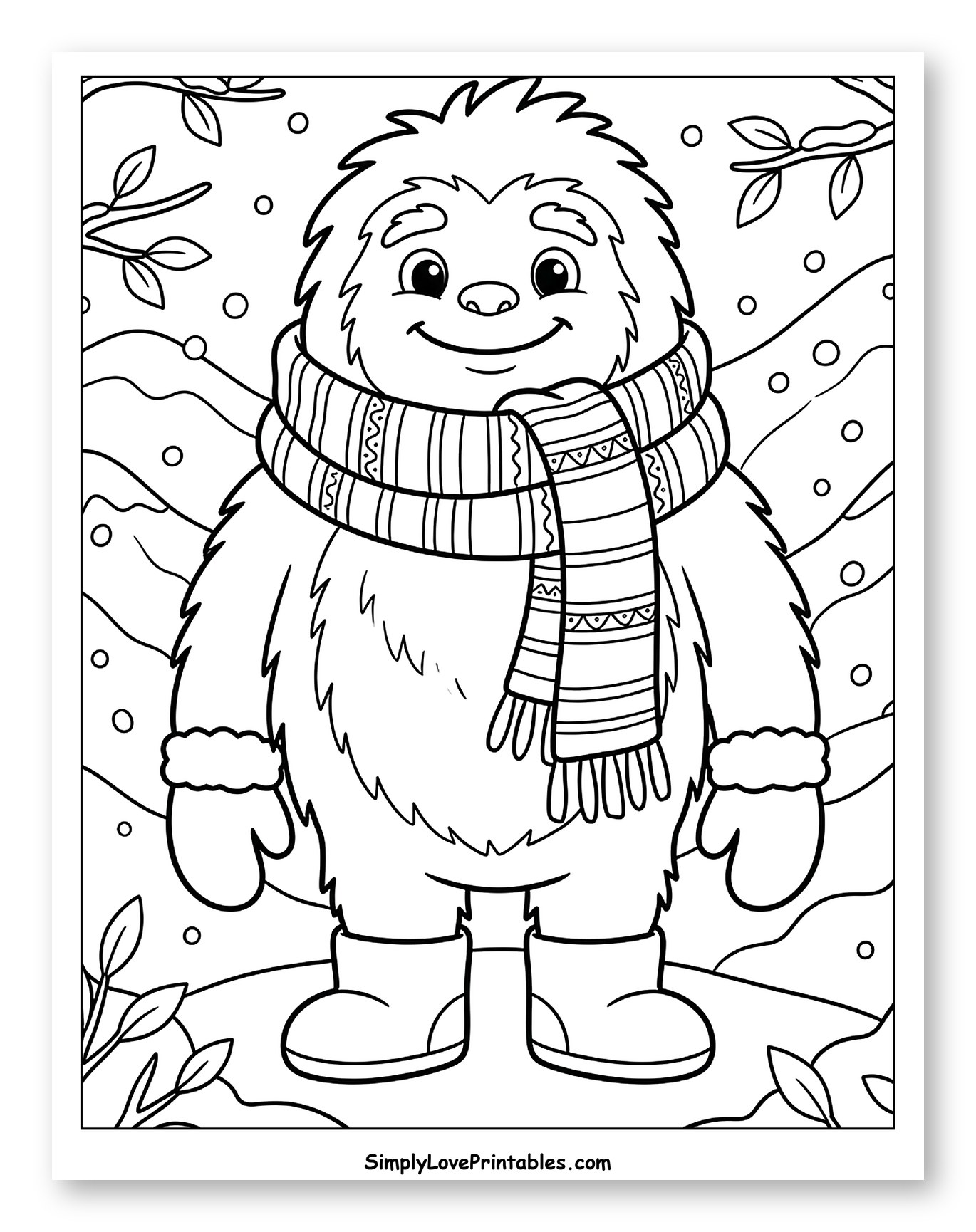 Cute Yeti Wearing Scarf and Mittens to Color for Kids