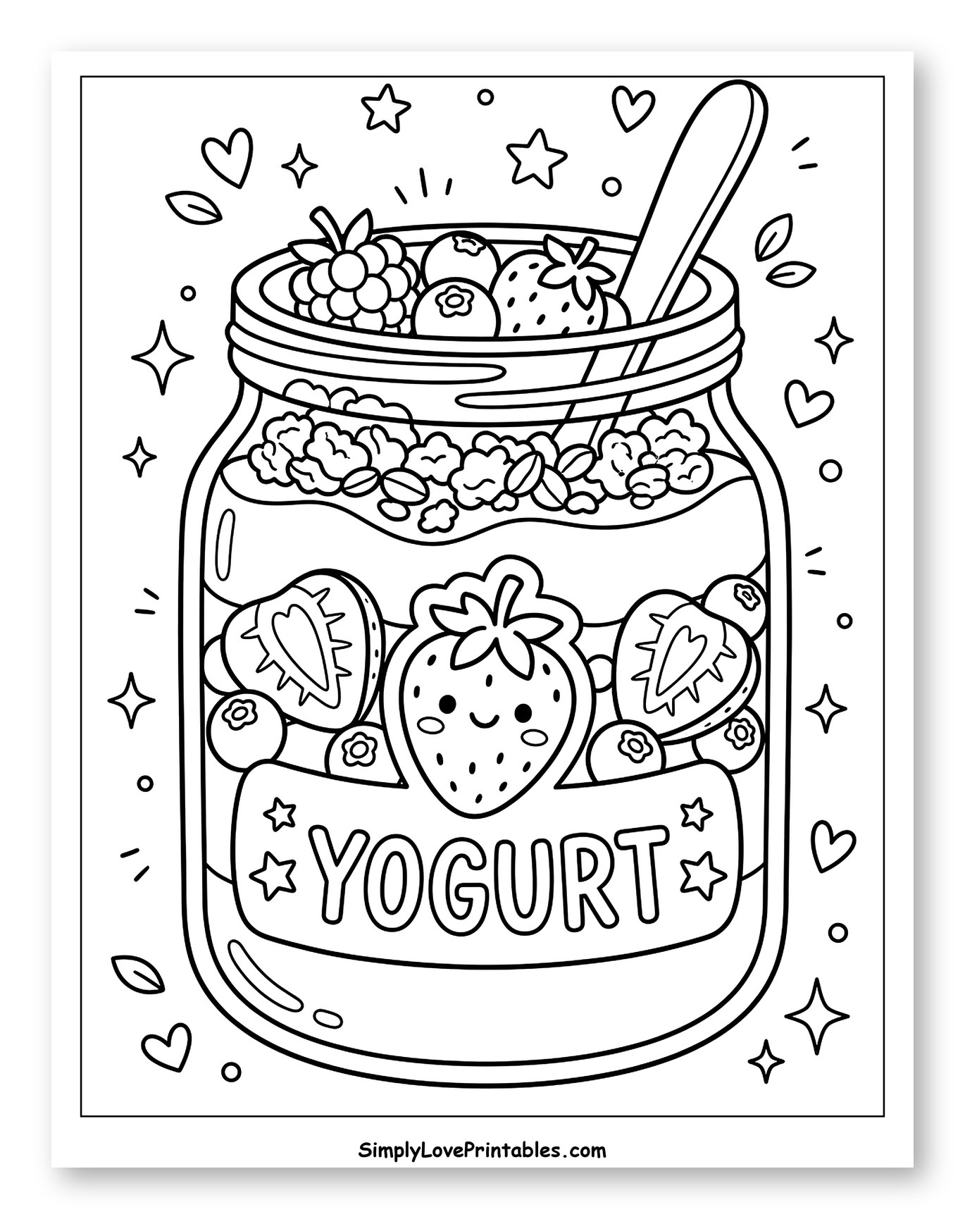 Cute Yogurt Parfait with Fruit and Spoon Coloring Sheet for Adults