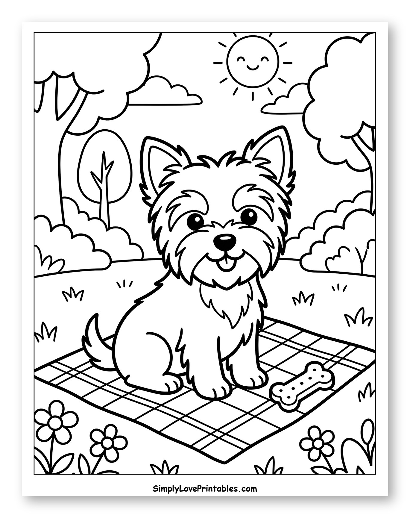 Cute Yorkie Dog Sitting on a Picnic Blanket Coloring Page for Kids