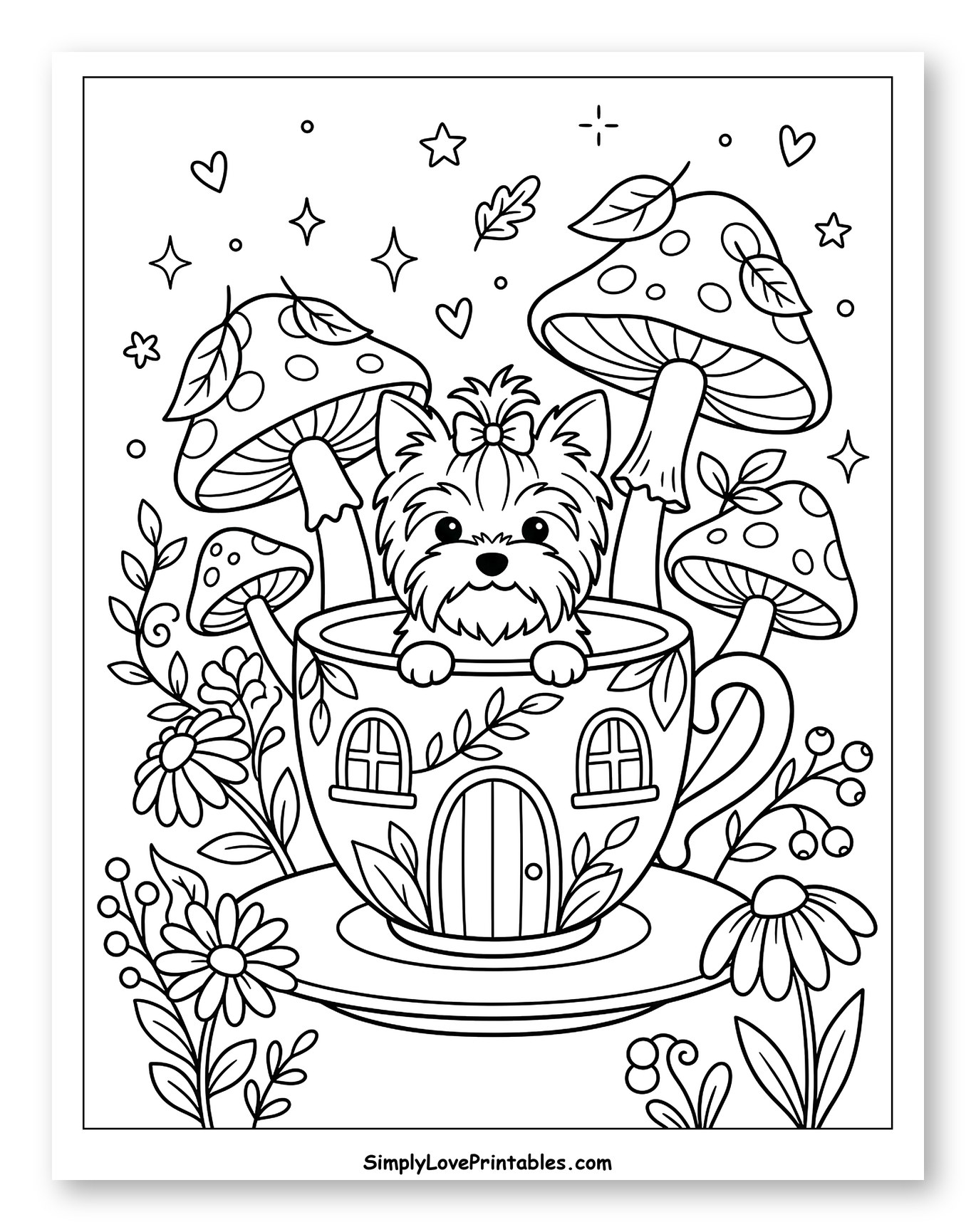 Cute Yorkie in a Magical Teacup Garden Coloring Sheet for Adults