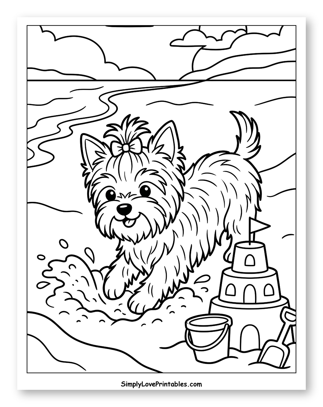 Cute Yorkie Splashing by the Sandcastle