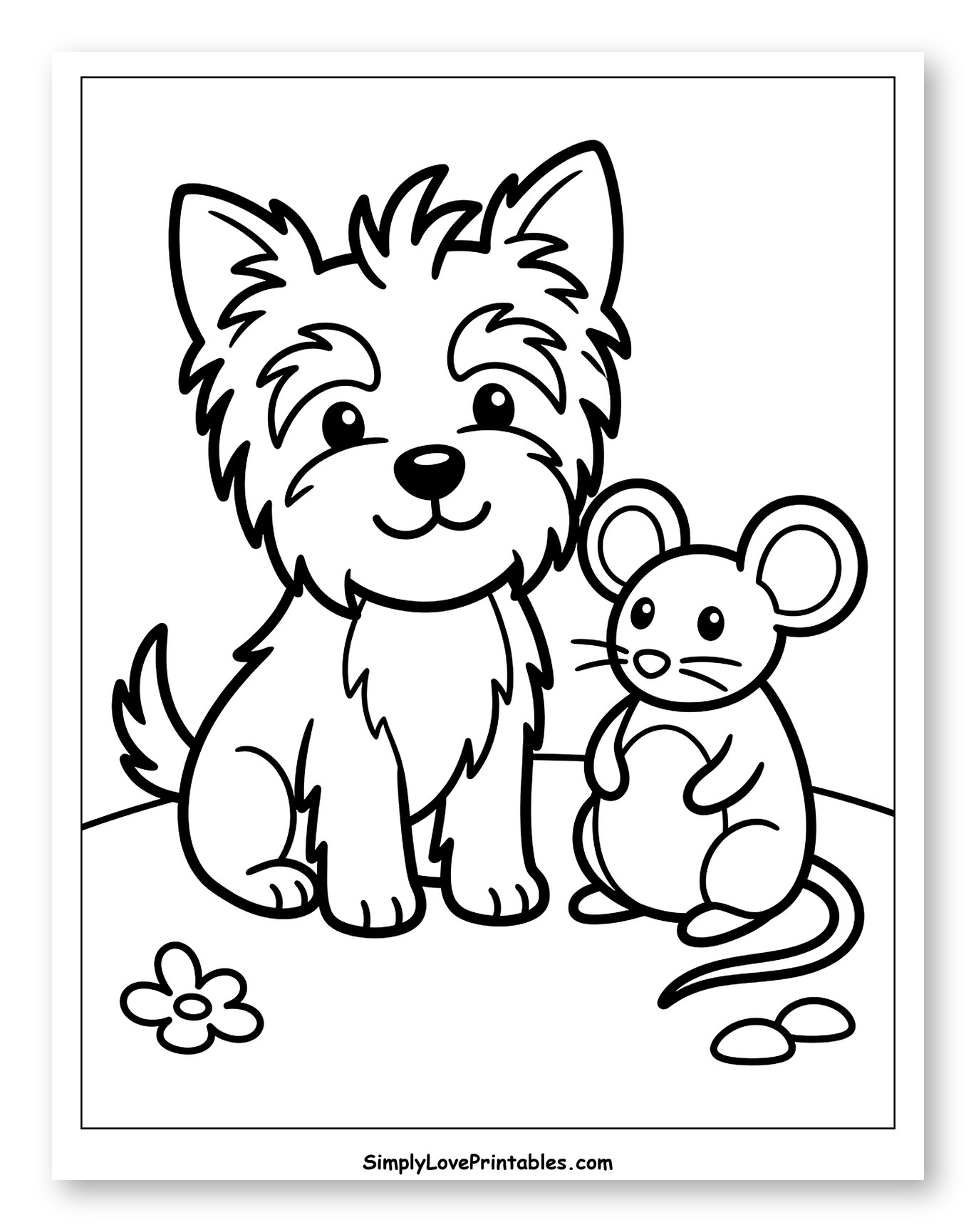 Cute Yorkshire Terrier and Mouse Friends to Color for Toddlers