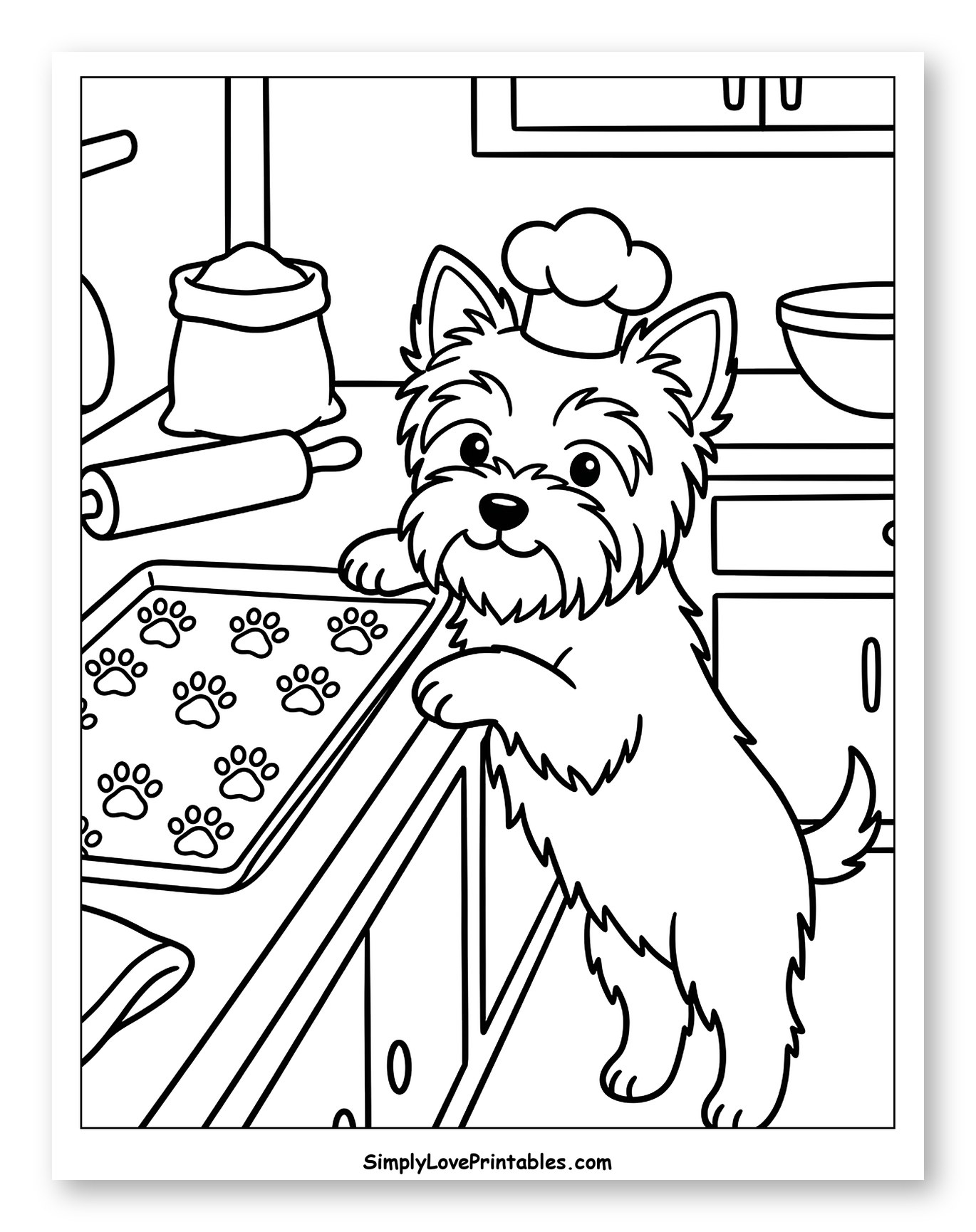 Cute Yorkshire Terrier Baking Dog Cookies to Color for Kids