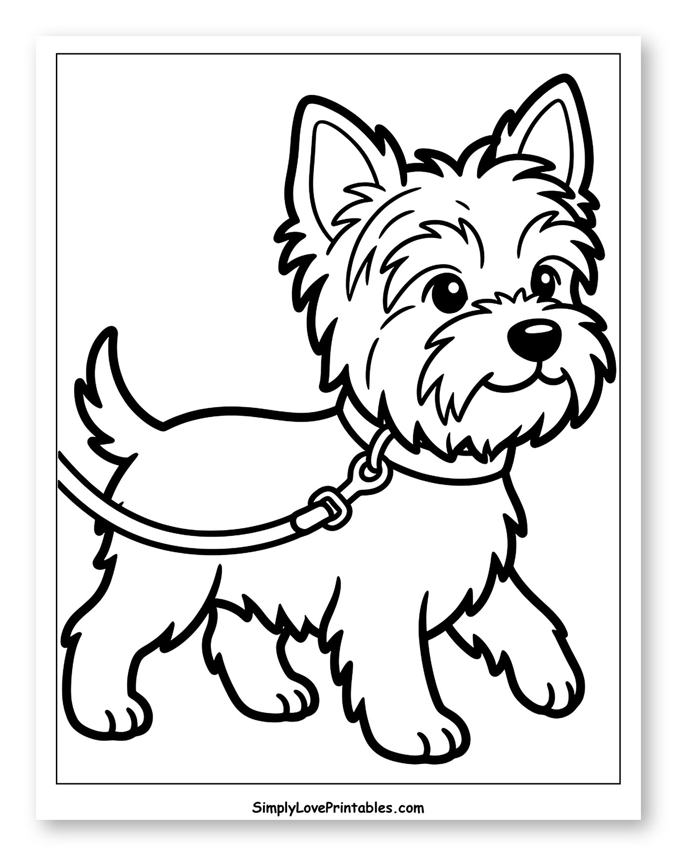 Cute Yorkshire Terrier Dog on Leash Coloring Page for Toddlers