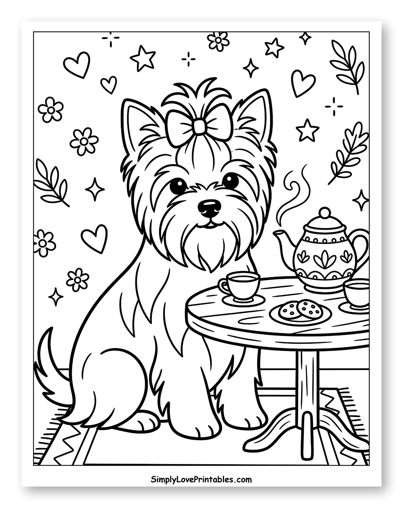 Cute Yorkshire Terrier Dog Tea Party to Color for Adults