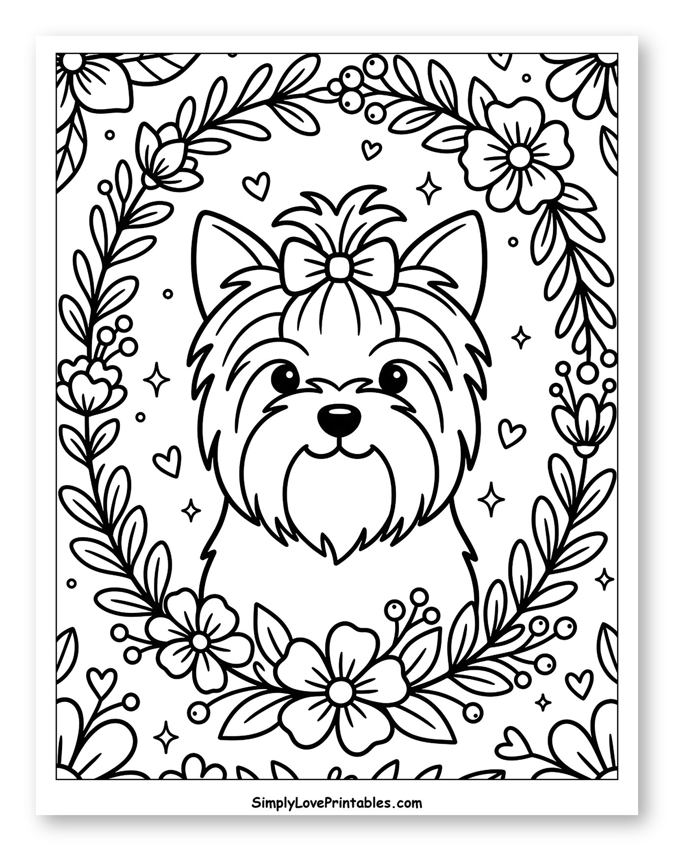 Cute Yorkshire Terrier in Floral Wreath Coloring Page for Adults