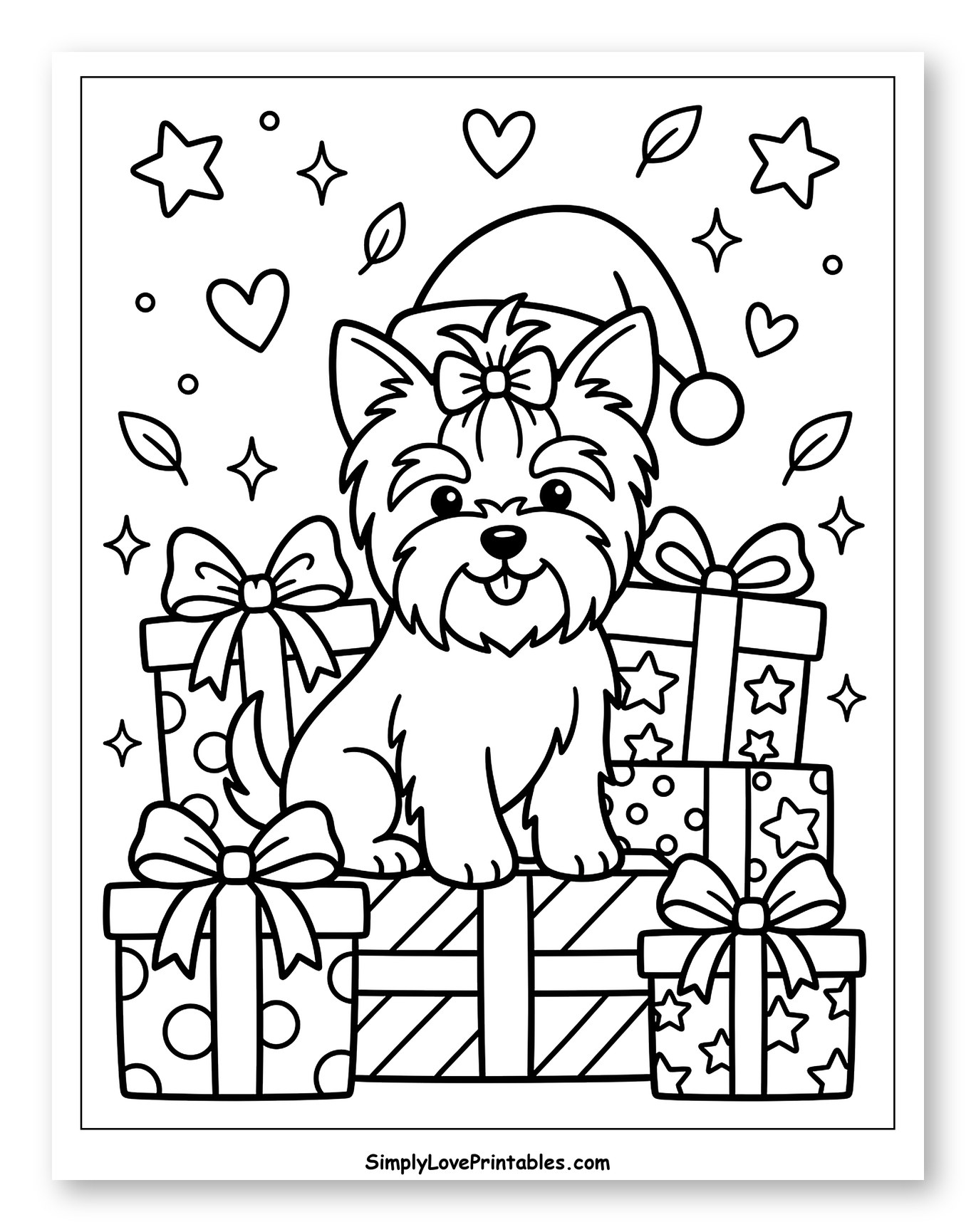 Cute Yorkshire Terrier in Santa Hat with Gifts