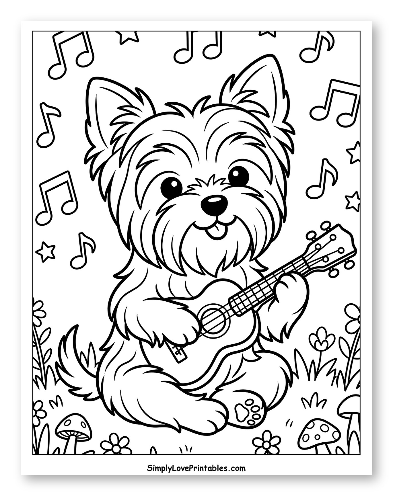 Cute Yorkshire Terrier Playing Ukulele to Color for Kids