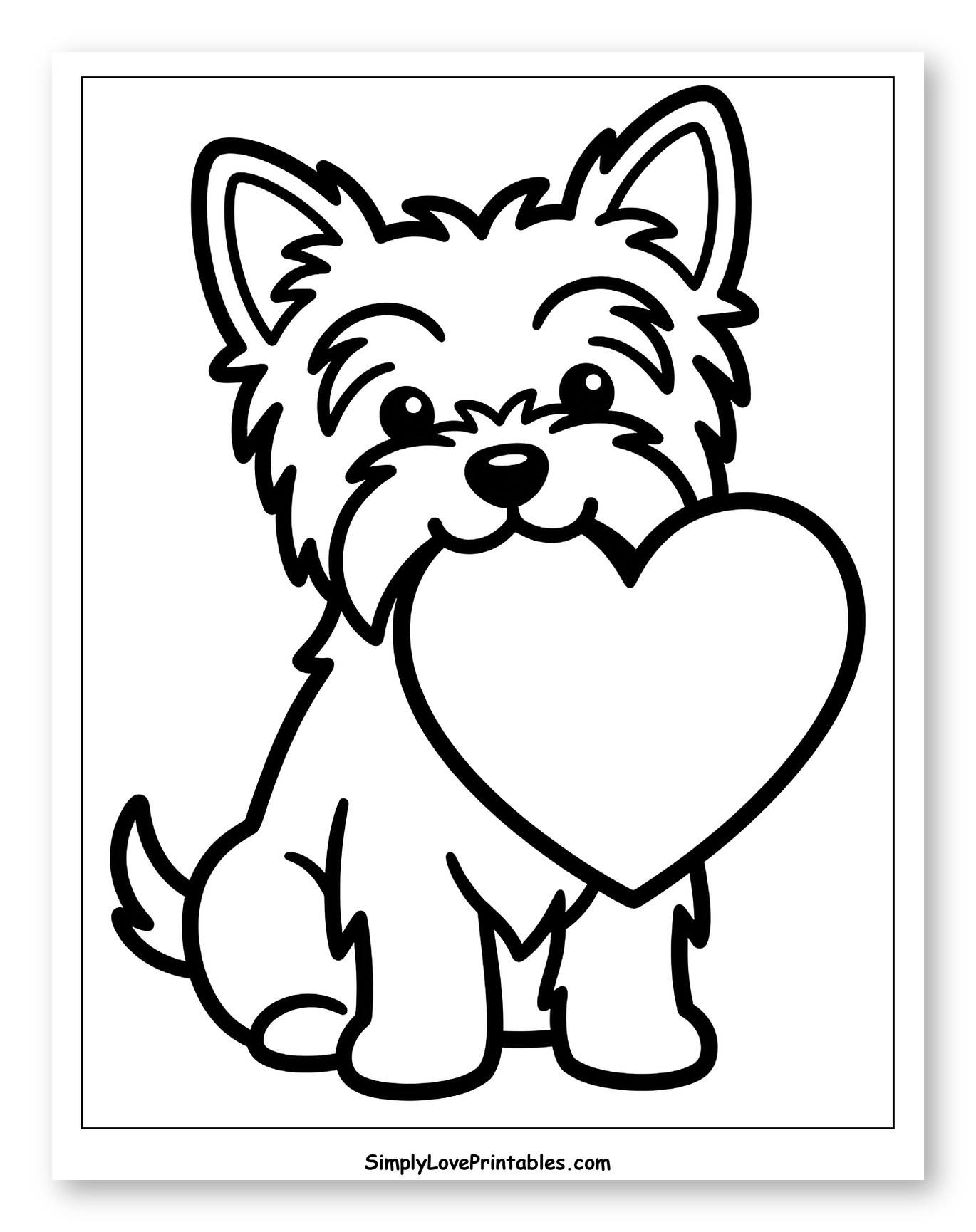Cute Yorkshire Terrier Puppy Holding a Heart to Color for Toddlers
