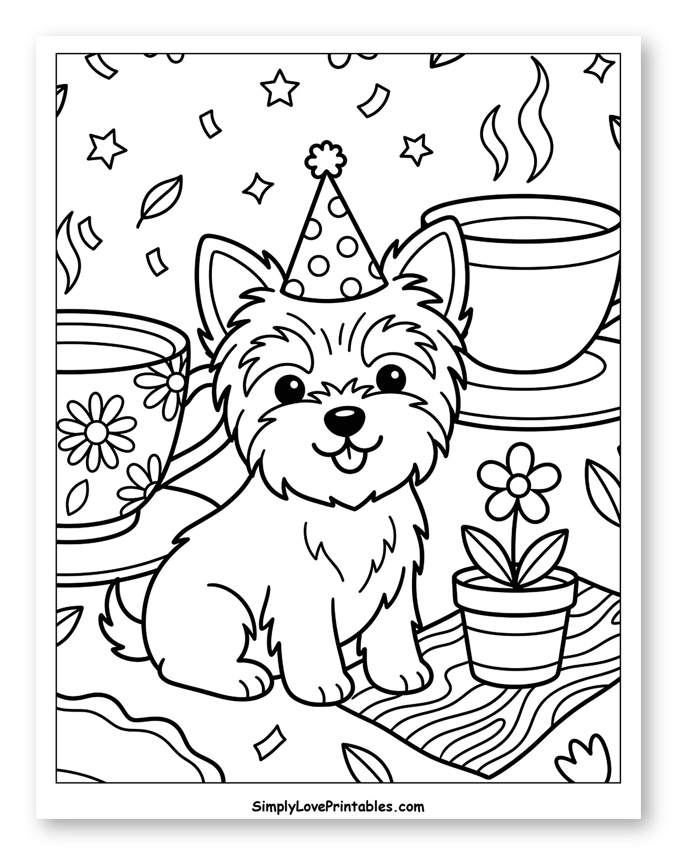 Cute Yorkshire Terrier Puppy Wearing a Party Hat Coloring Page for Kids