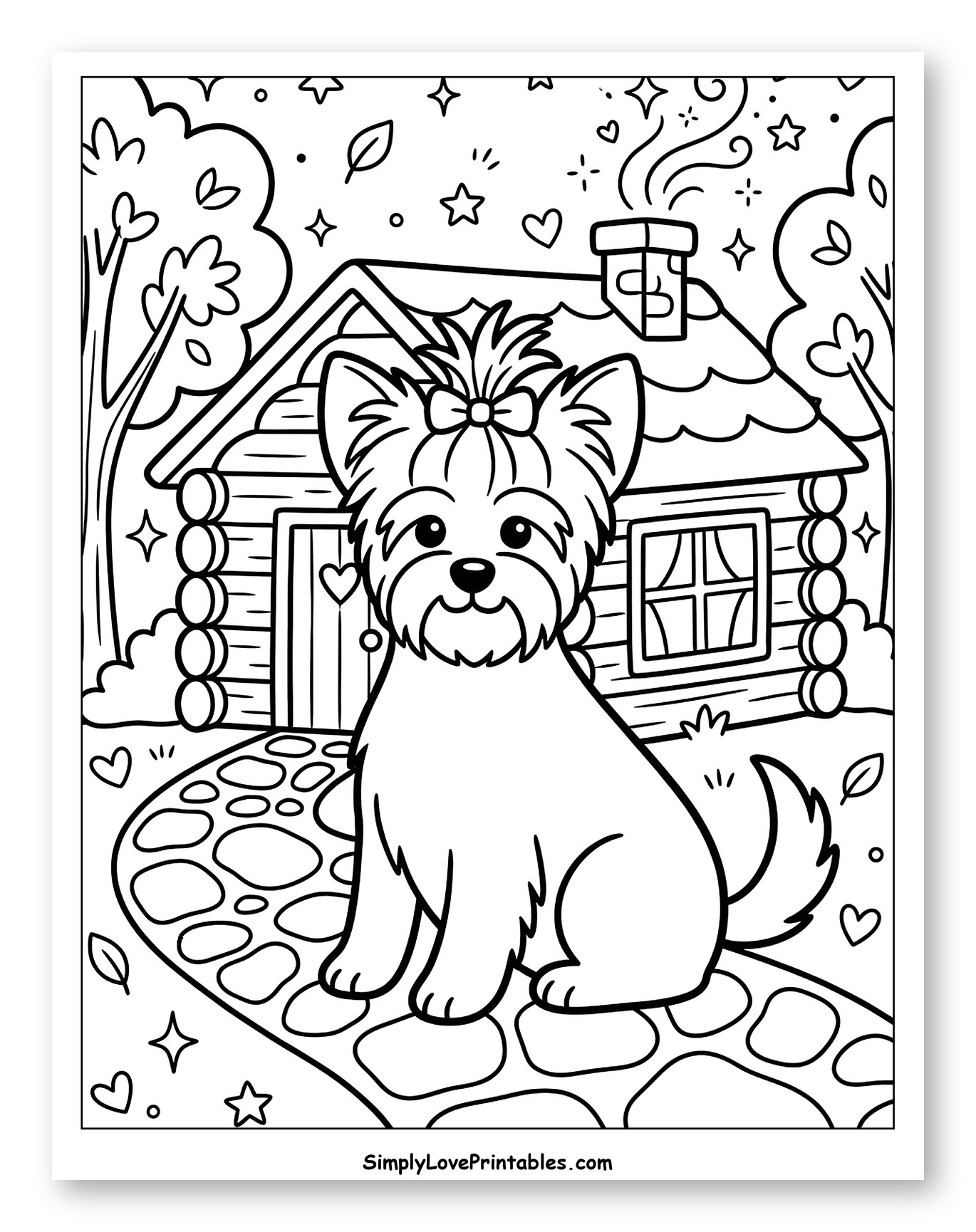 Cute Yorkshire Terrier Sitting by a Log Cabin