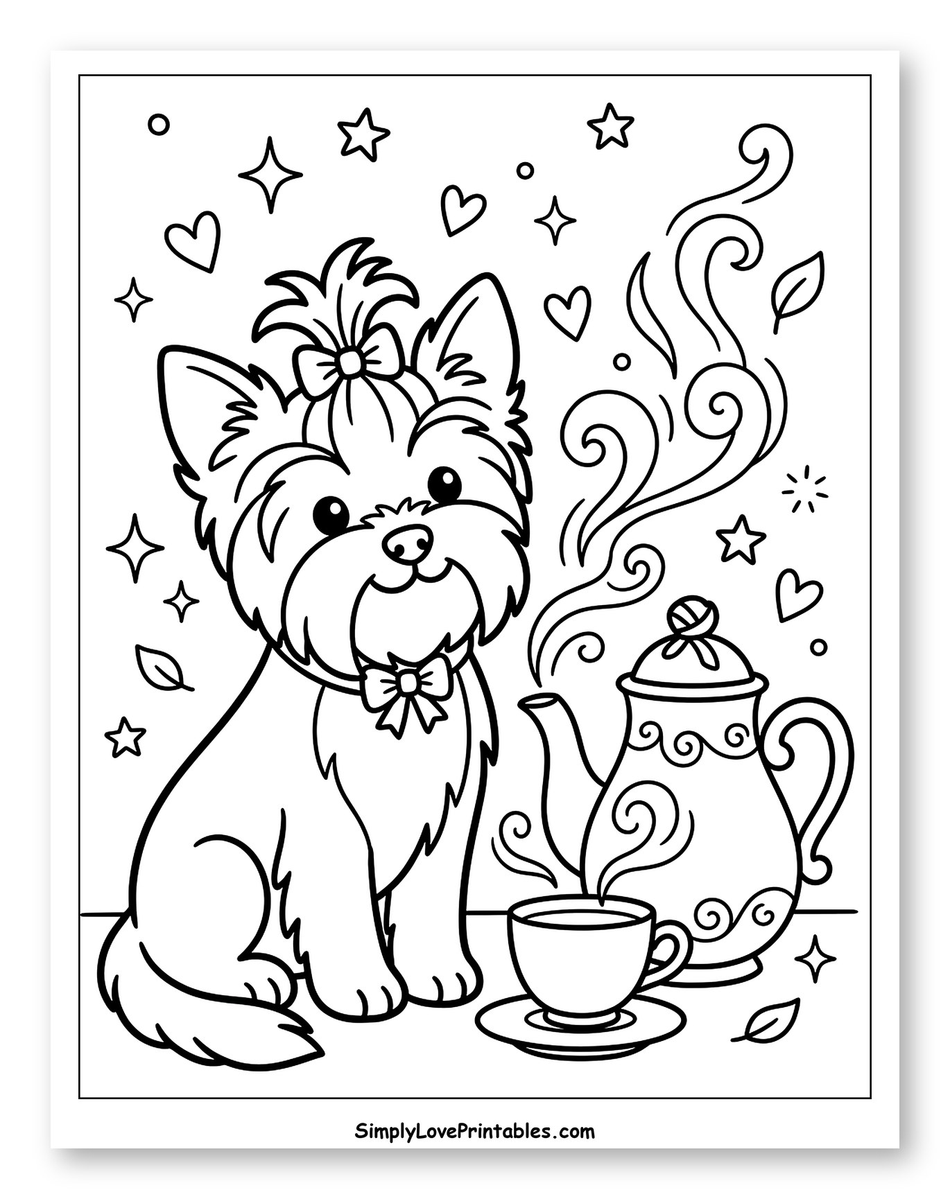 Cute Yorkshire Terrier with Tea Set Coloring Sheet for Adults