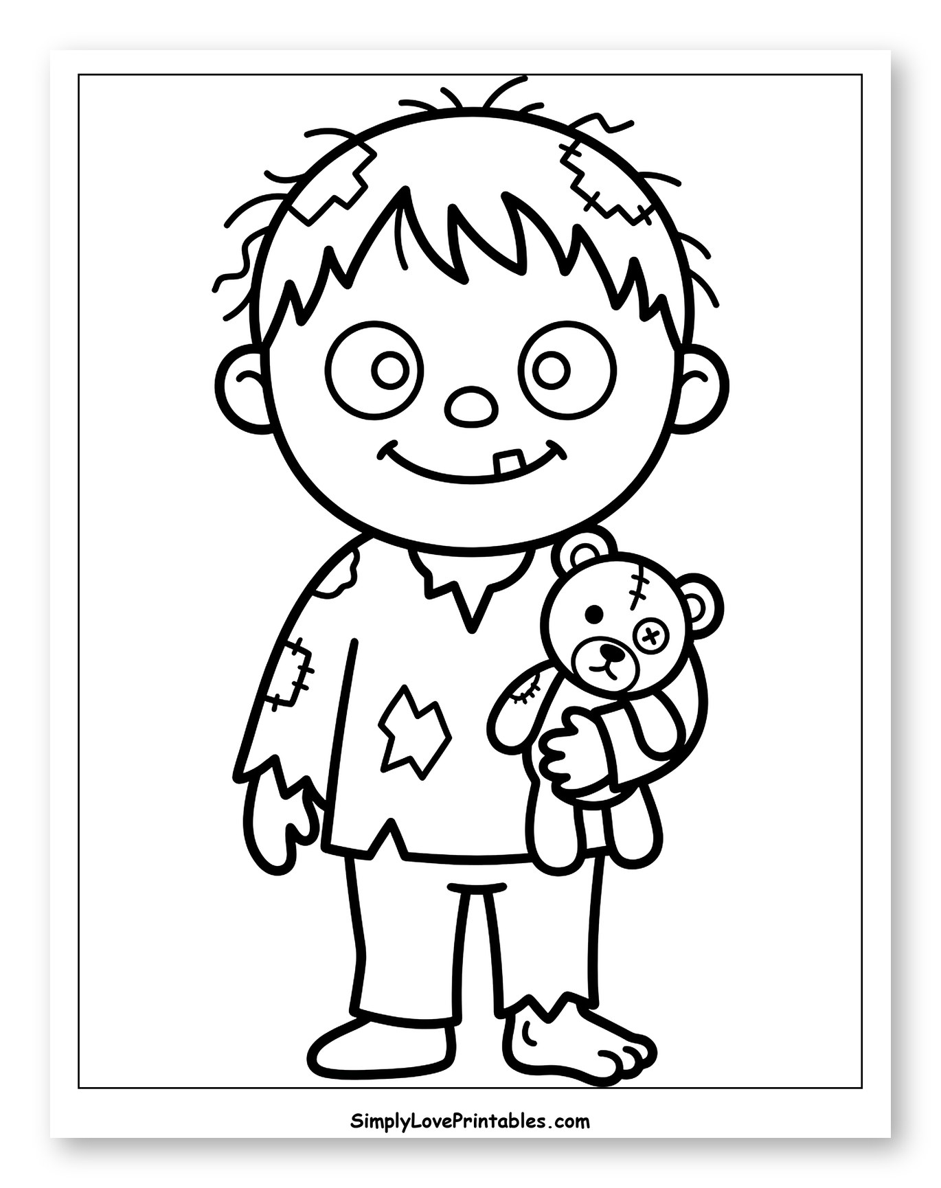 Cute Zombie Boy Holding a Teddy Bear Coloring Page for Toddlers