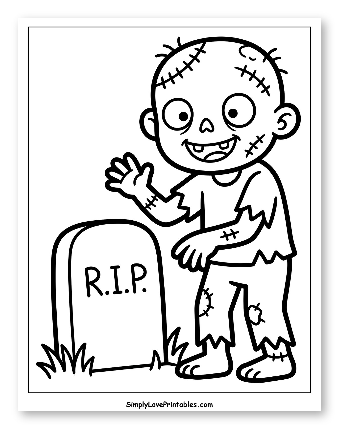 Cute Zombie Waving by R.I.P. Tombstone Coloring Page for Toddlers