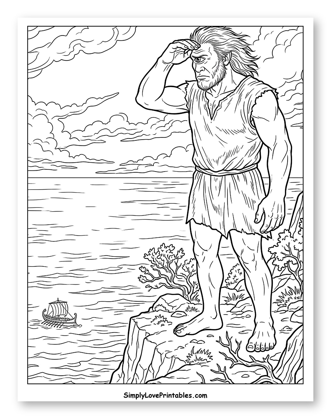 Cyclops Gazing at a Ship from a Cliff Coloring Page