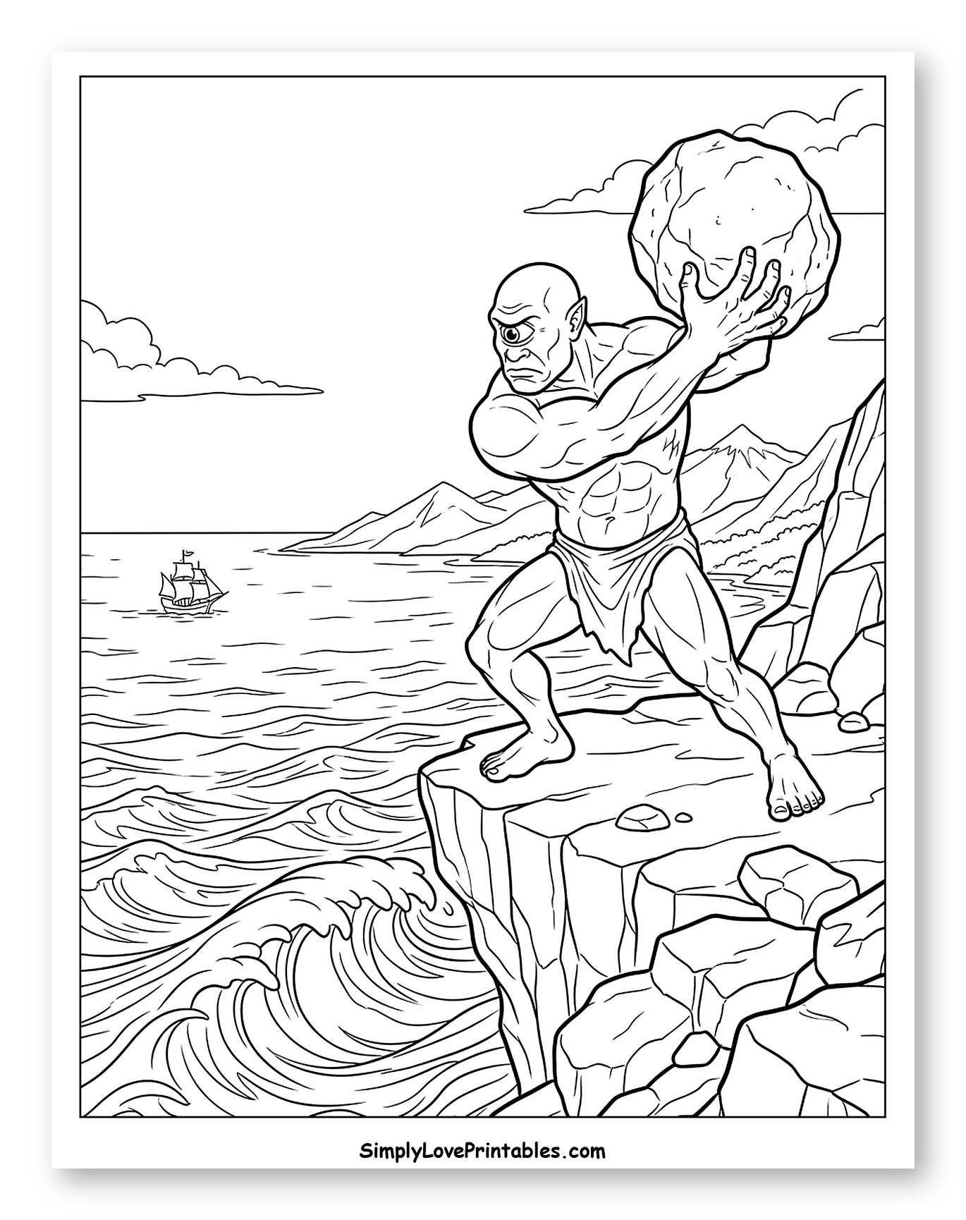 Cyclops on Cliff Throwing Boulder at Ship