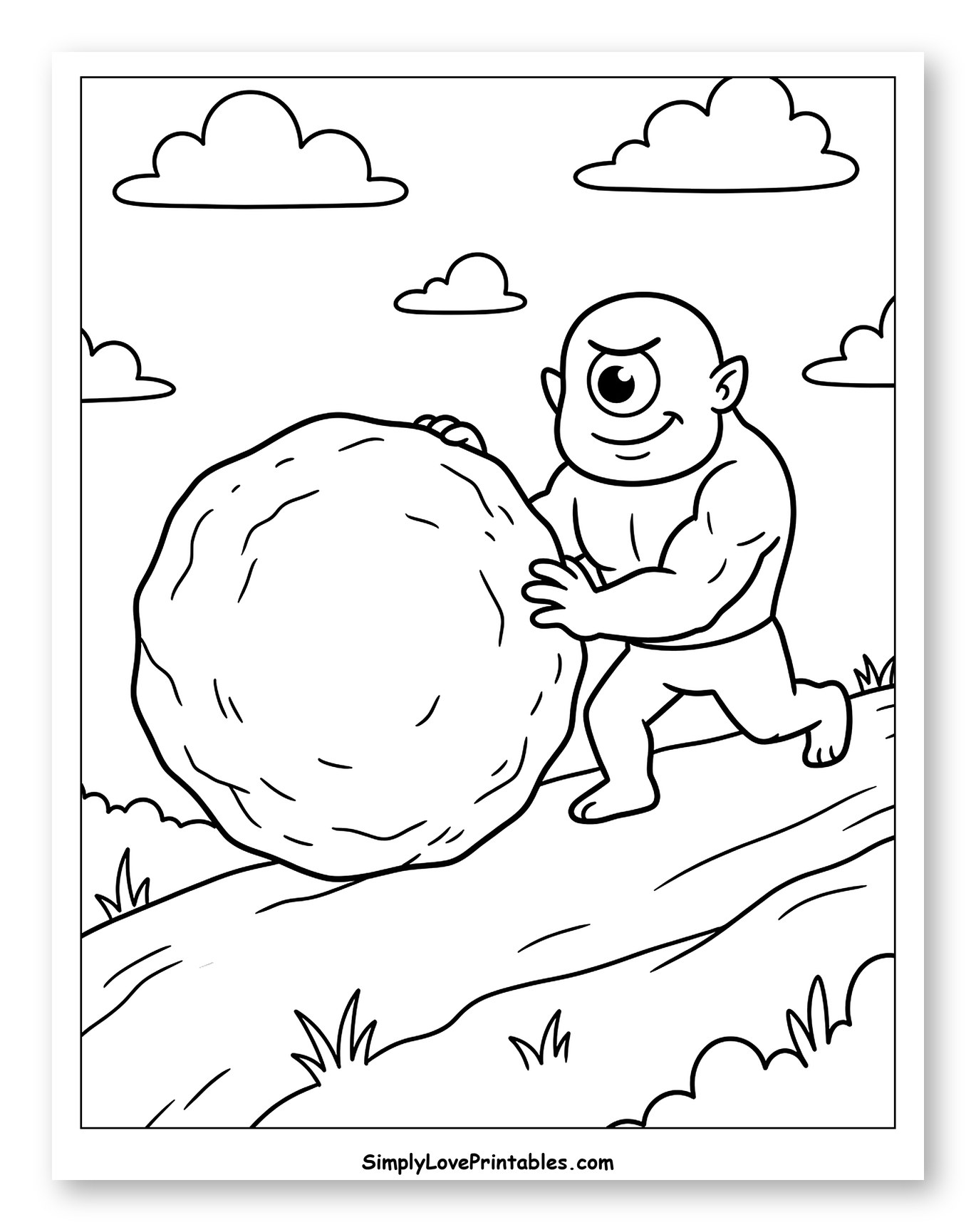 Cyclops Pushing a Boulder Up a Hill to Color for Kids