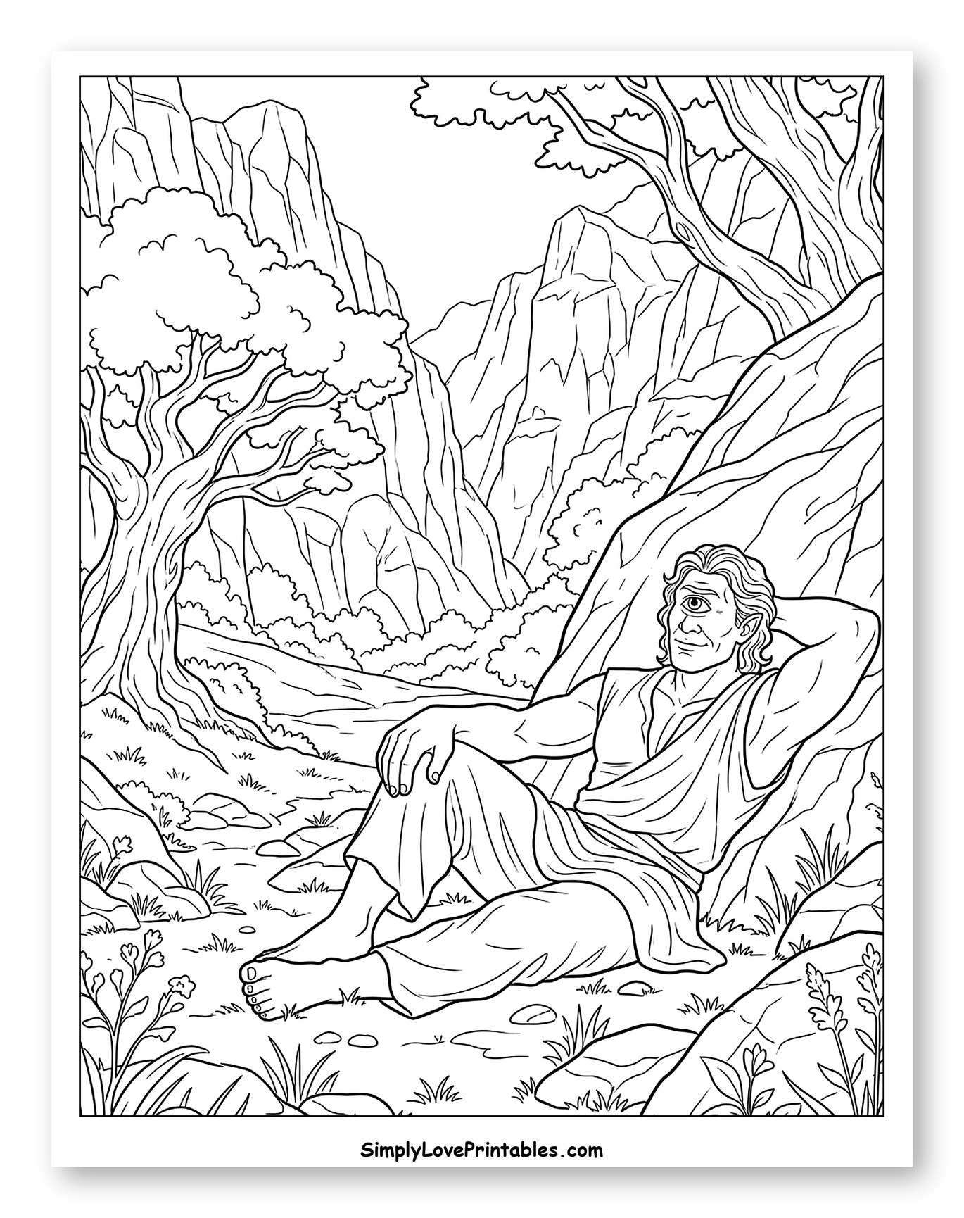 Cyclops Resting in a Mountainous Landscape to Color