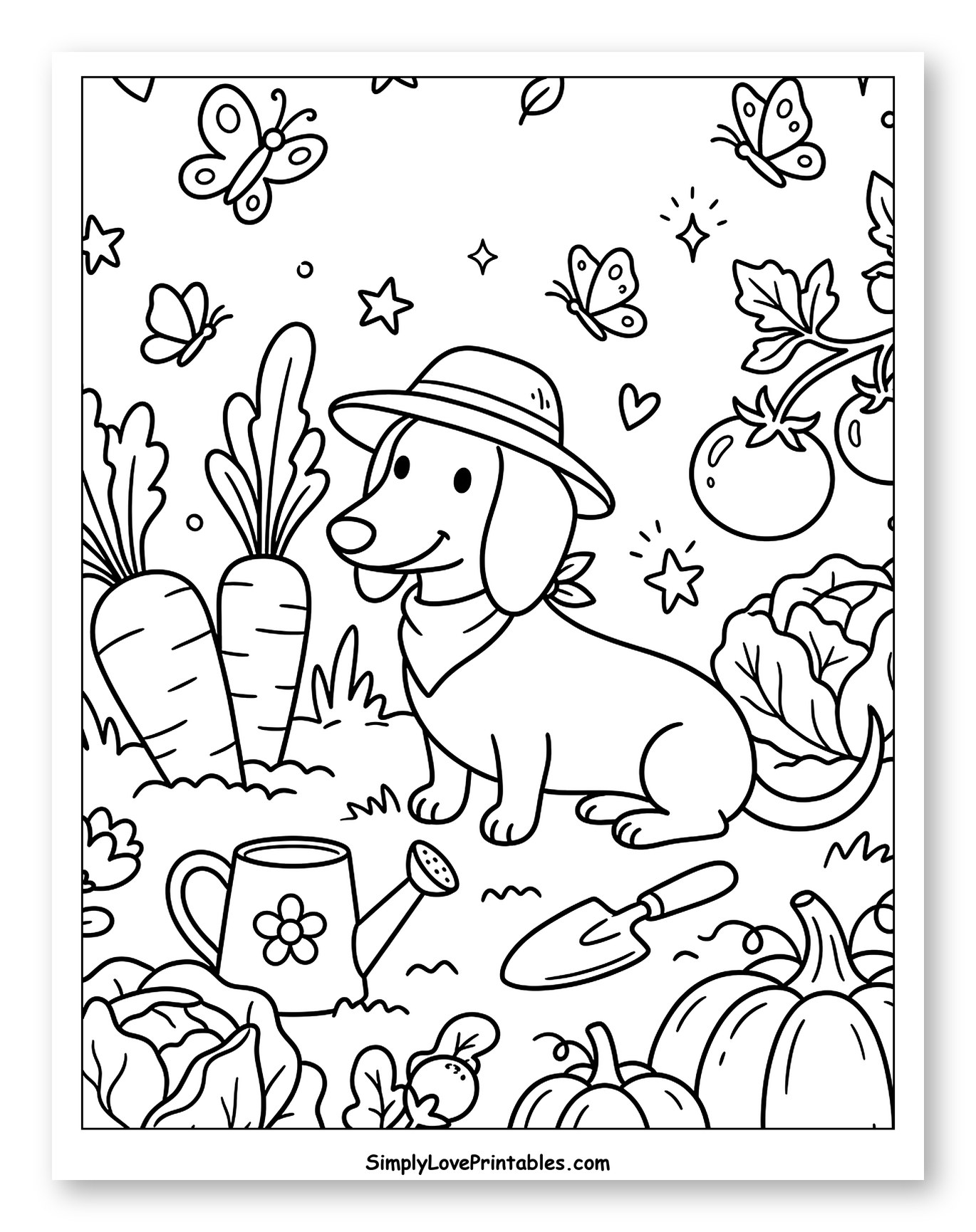 Dachshund in a Lively Vegetable Garden to Color for Adults