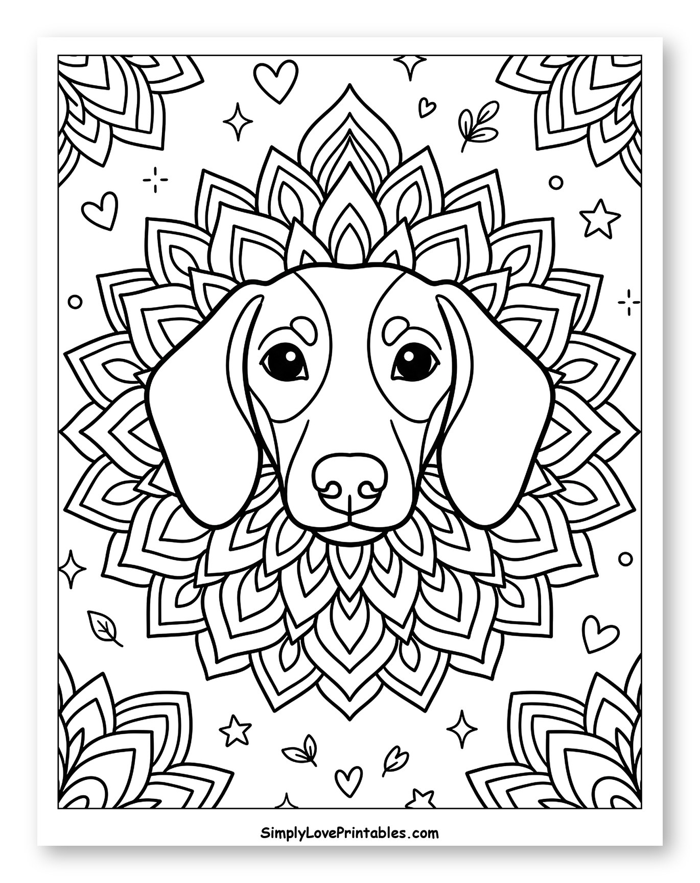 Dachshund Portrait with Decorative Mandala and Hearts