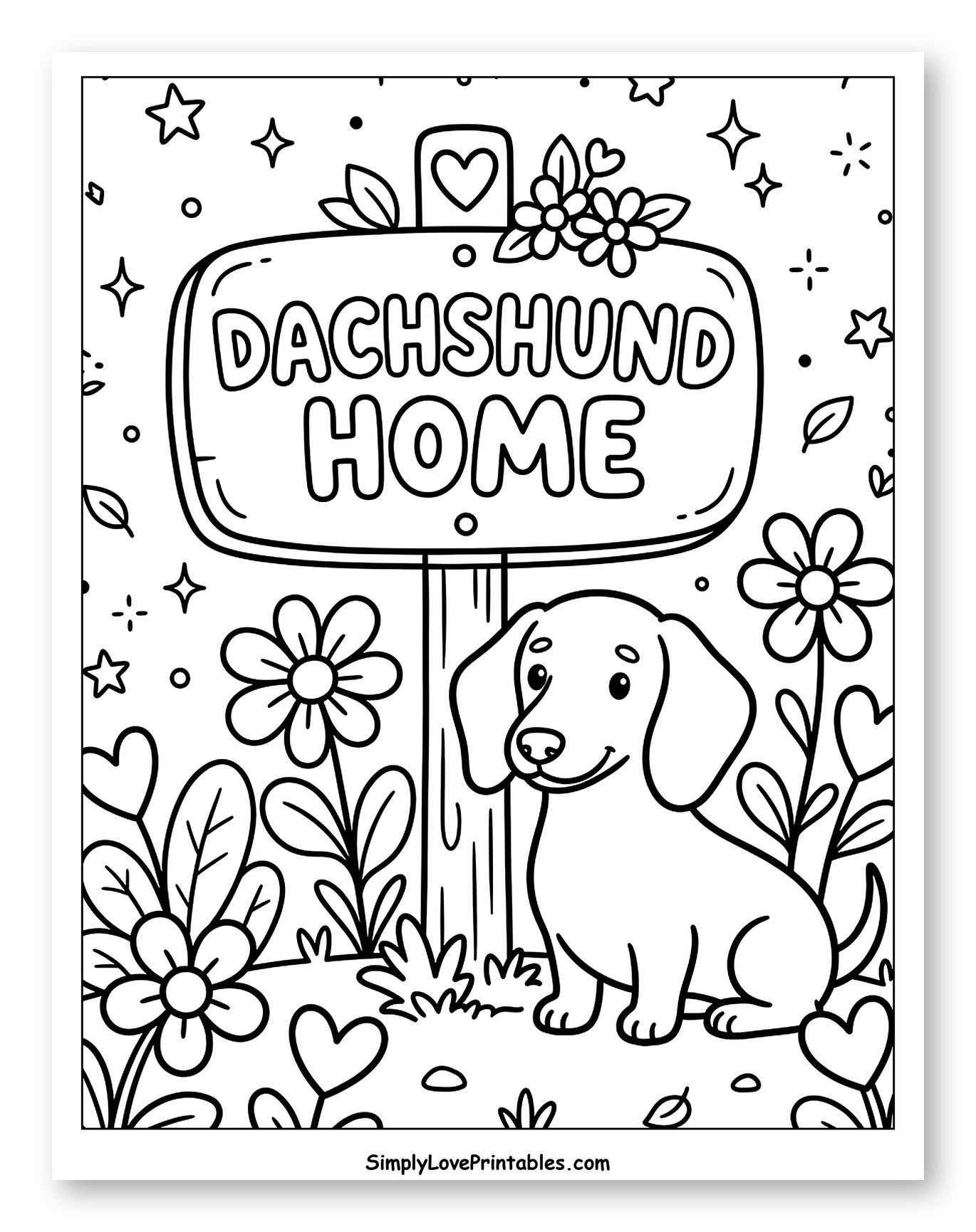 Dachshund Puppy Next to Home Sign to Color for Adults