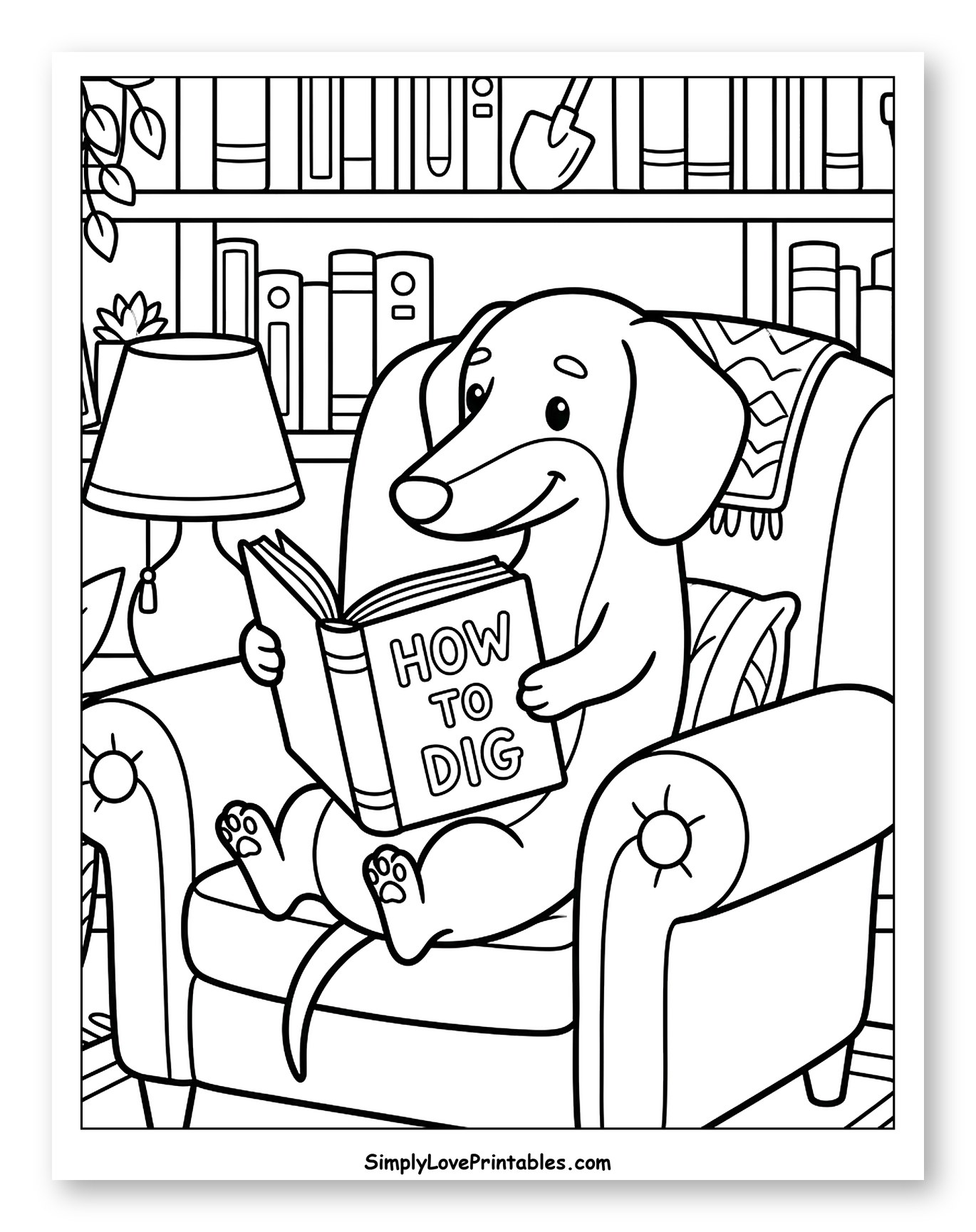 Dachshund Reading 'How to Dig' in Armchair to Color for Kids