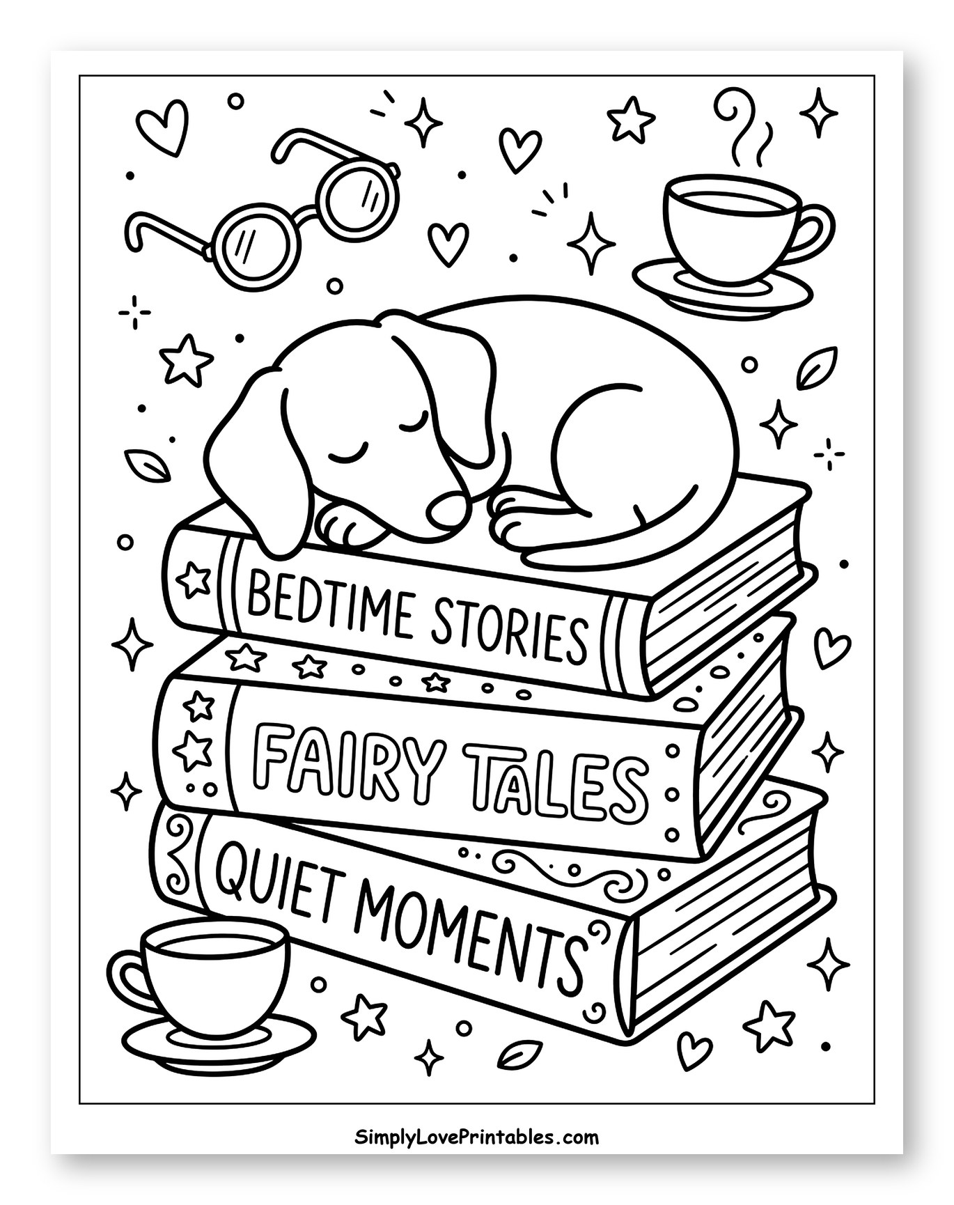 Dachshund Sleeping on Books with Tea and Glasses