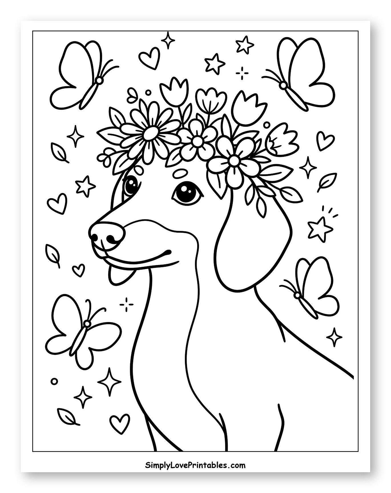 Dachshund with Flower Crown and Butterflies