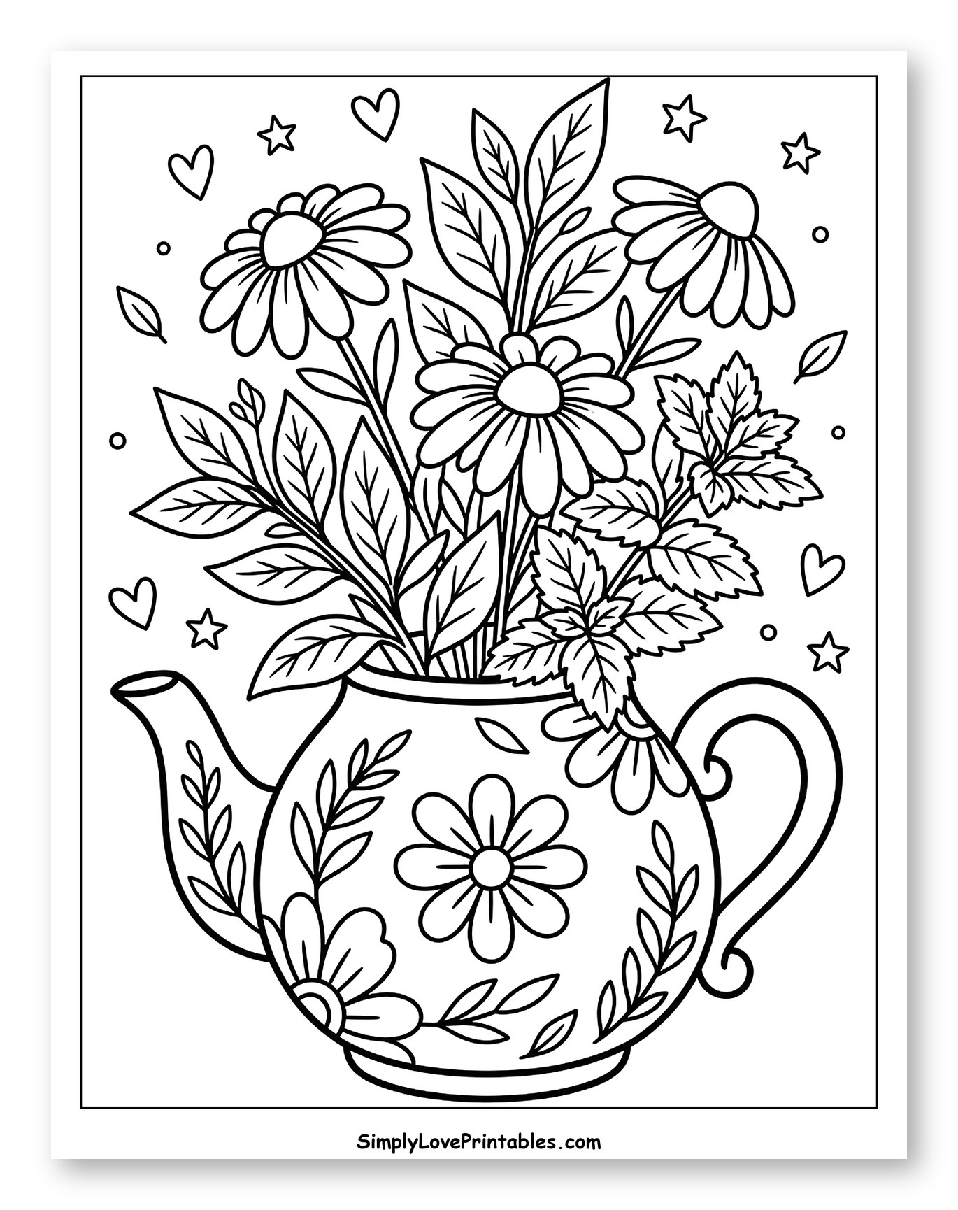 Daisies and Leaves in a Decorative Teapot