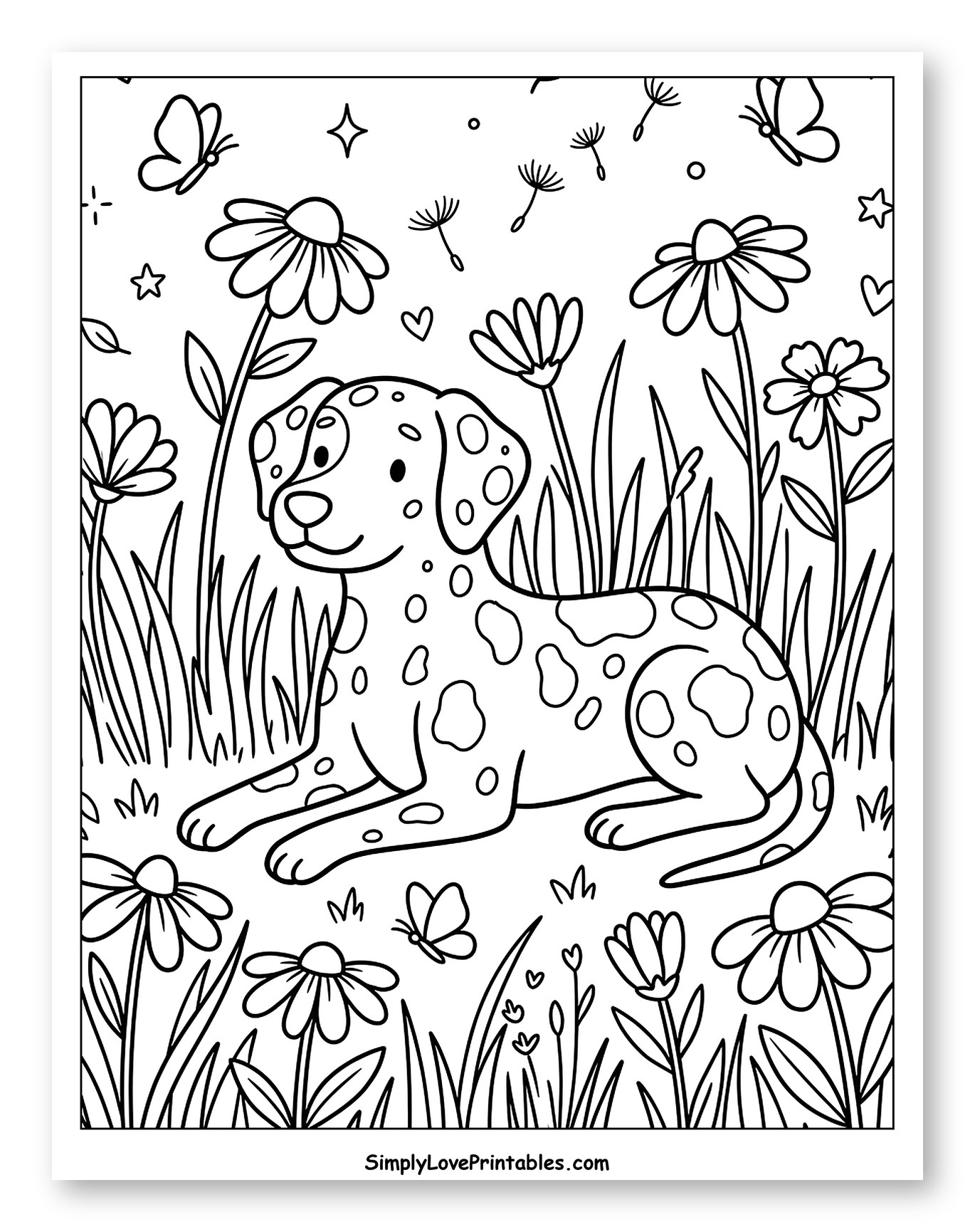 Dalmatian Dog in a Field of Flowers Coloring Sheet for Adults