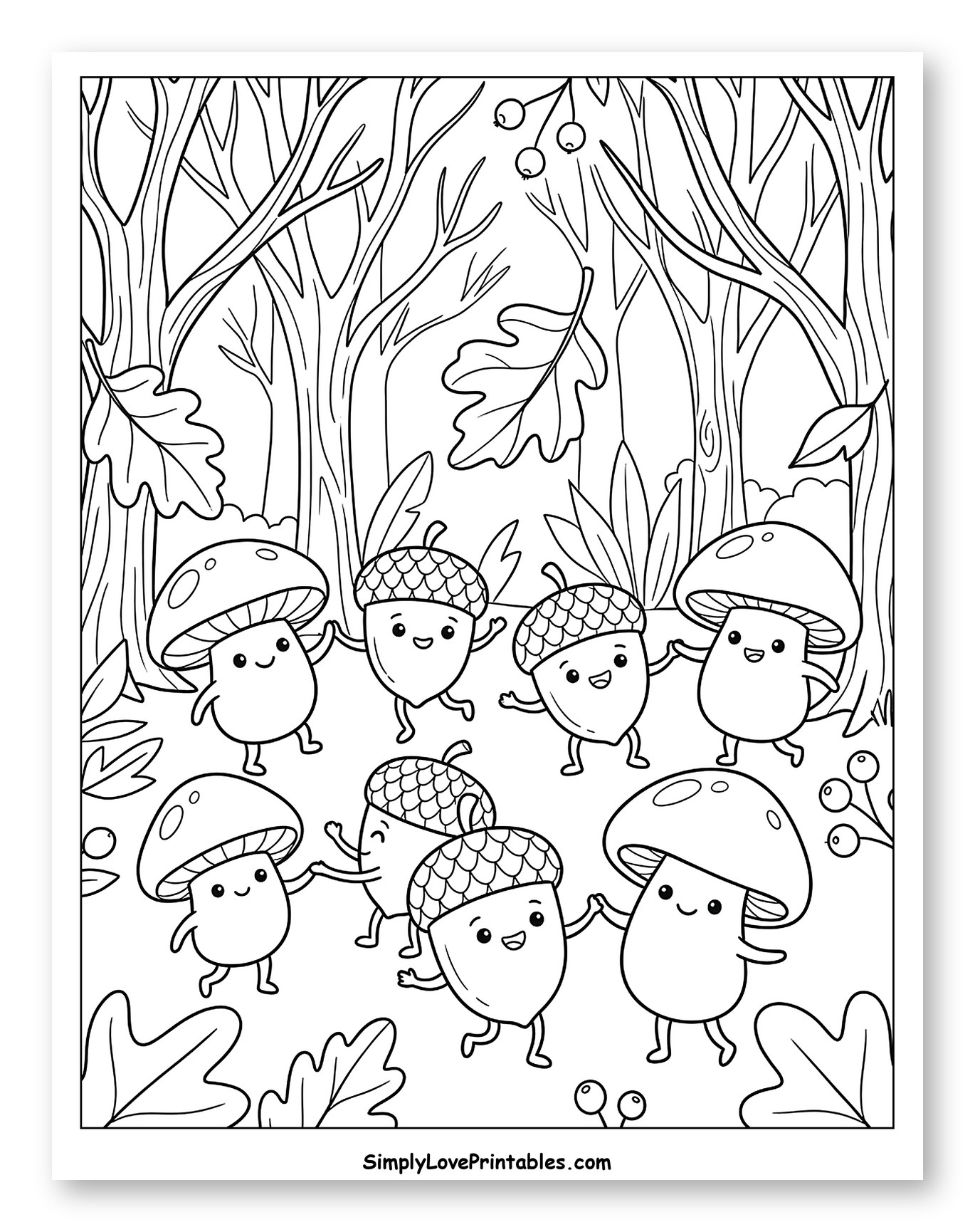Dancing Acorns and Mushrooms in a Forest Circle