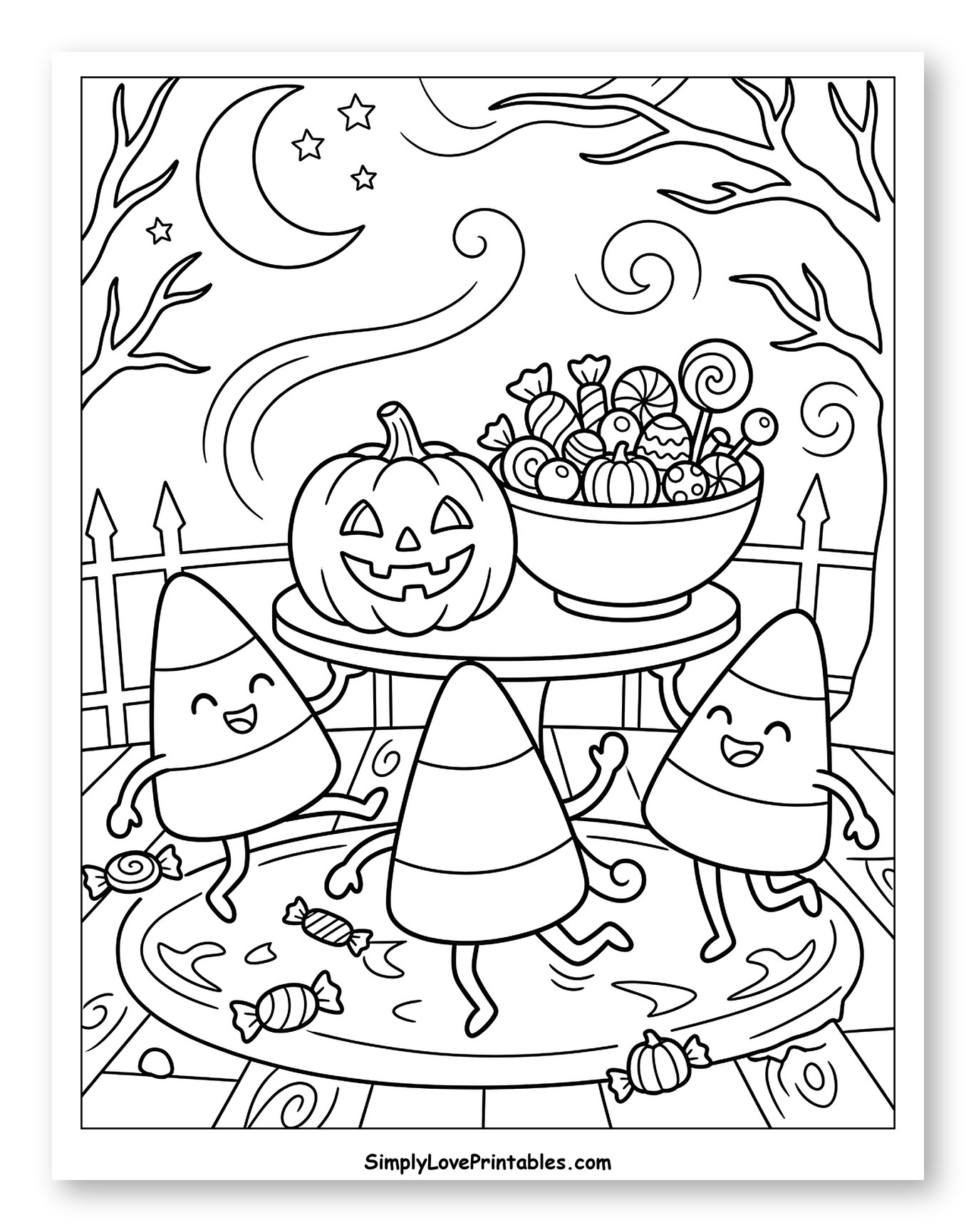Dancing Candy Corn and Halloween Treats to Color for Kids