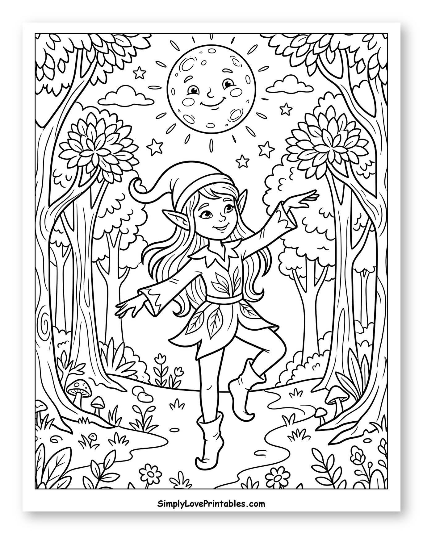 Dancing Elf in Magical Forest with Smiling Moon Coloring Sheet for Kids