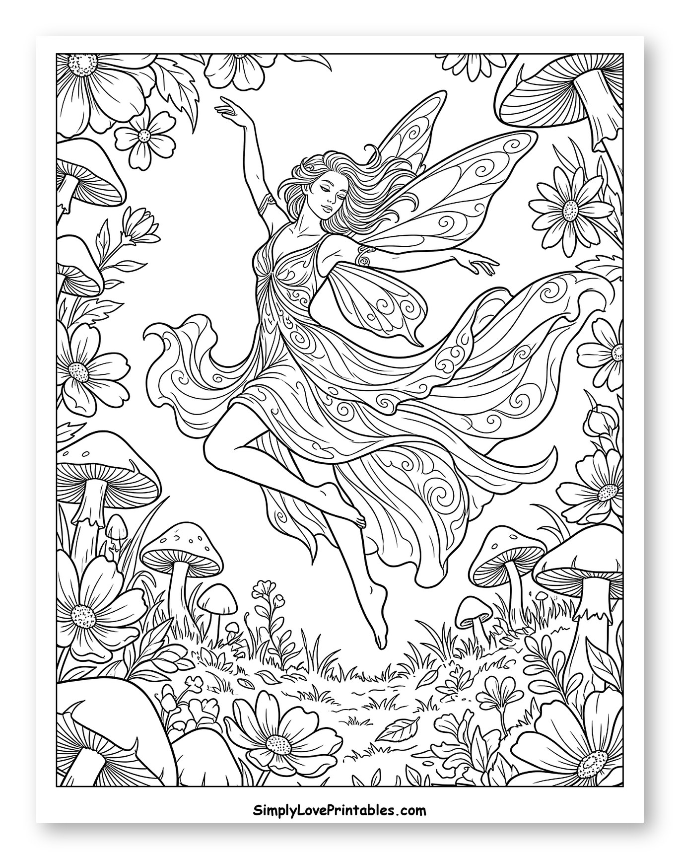 Dancing Fairy in a Magical Mushroom Forest Coloring Page
