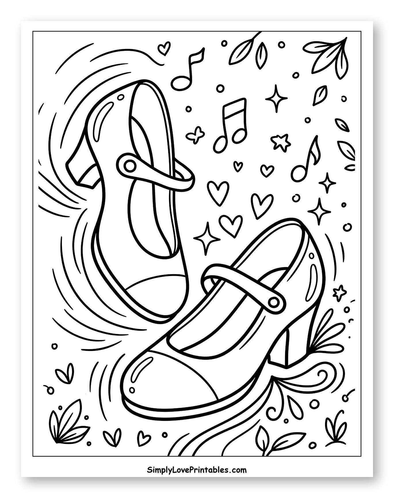 Dancing Shoes with Music Notes and Hearts to Color for Adults