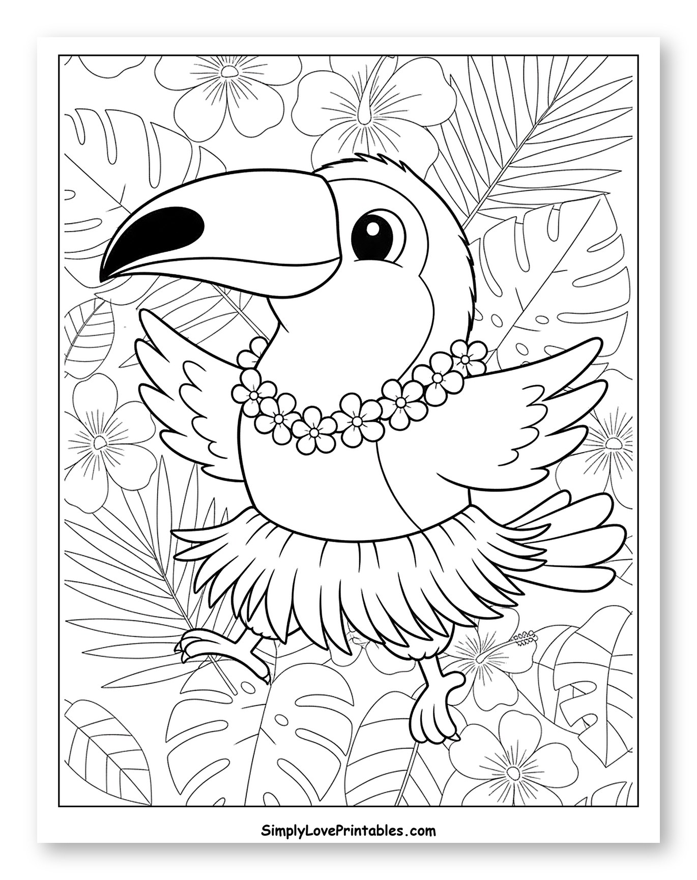 Dancing Toucan in Tropical Jungle Scene to Color for Kids