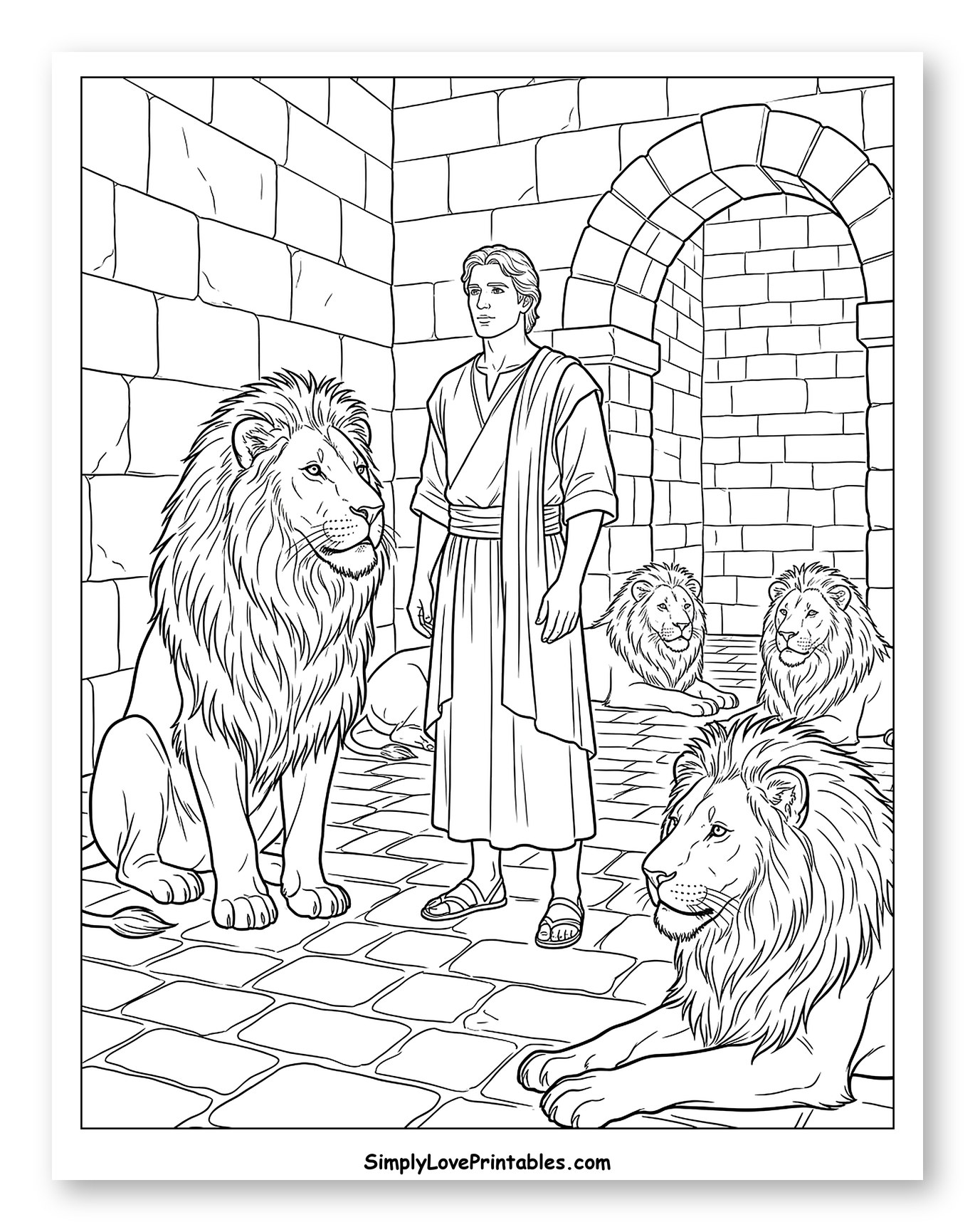 Daniel and Four Lions in Den Coloring Sheet